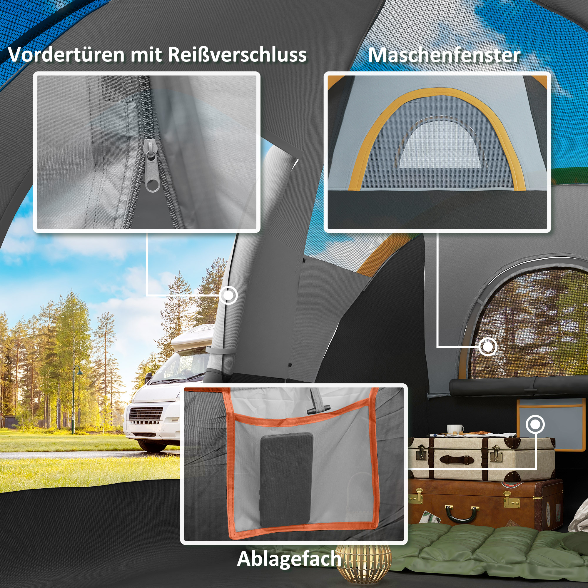 Outsunny Kampeertent voor 5-6 Personen, Familietent, Draagtas, 4,55x2,2x1,8m, Lichtgrijs/Zwart