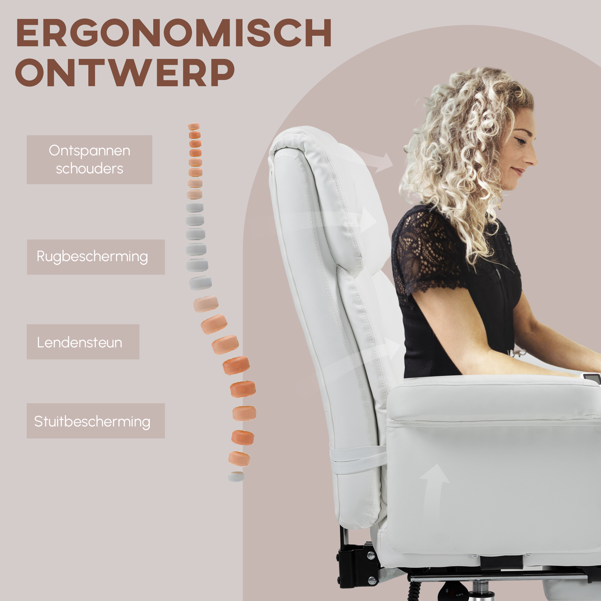 HOMCOM Ergonomische Bureaustoel, In Hoogte Verstelbaar 48-56 cm, Kantelbare Rugleuning, Voetsteun, Wit