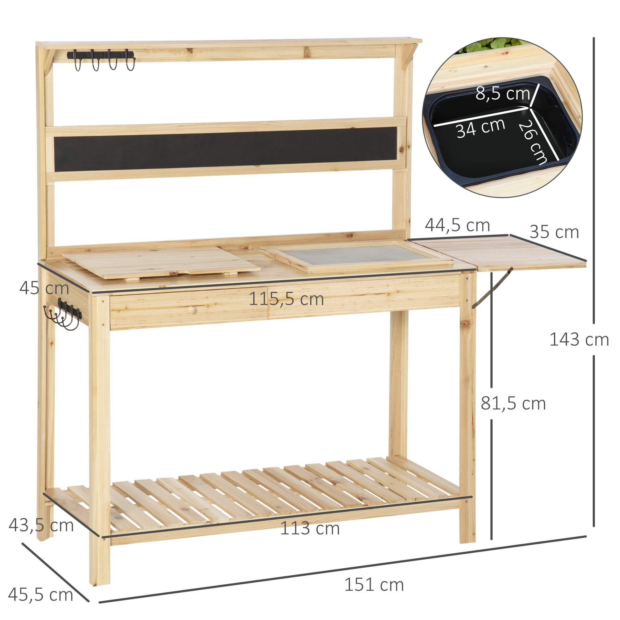 Outsunny plantentafel tuintafel met 8 haken ladeplank bloementafel van hout voor tuinterras naturel 151 x 45,5 x 143 cm