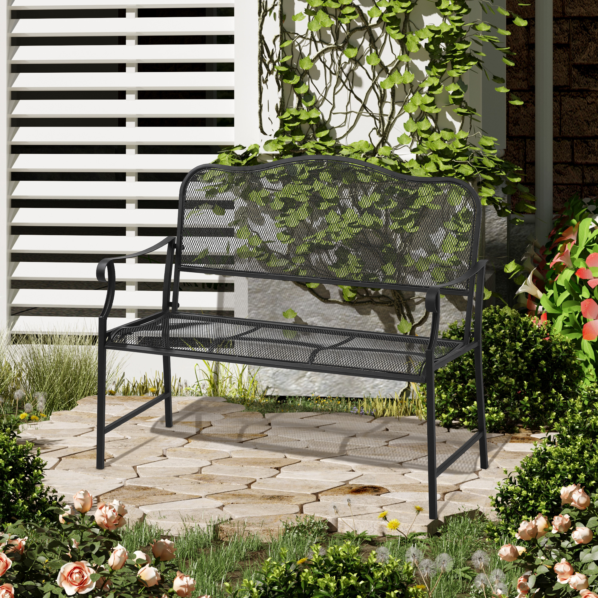 Outsunny Nostalgische Metalen Tuinbank, 2-zits, Weerbestendig, Zwart, 113 cm x 58 cm x 98 cm