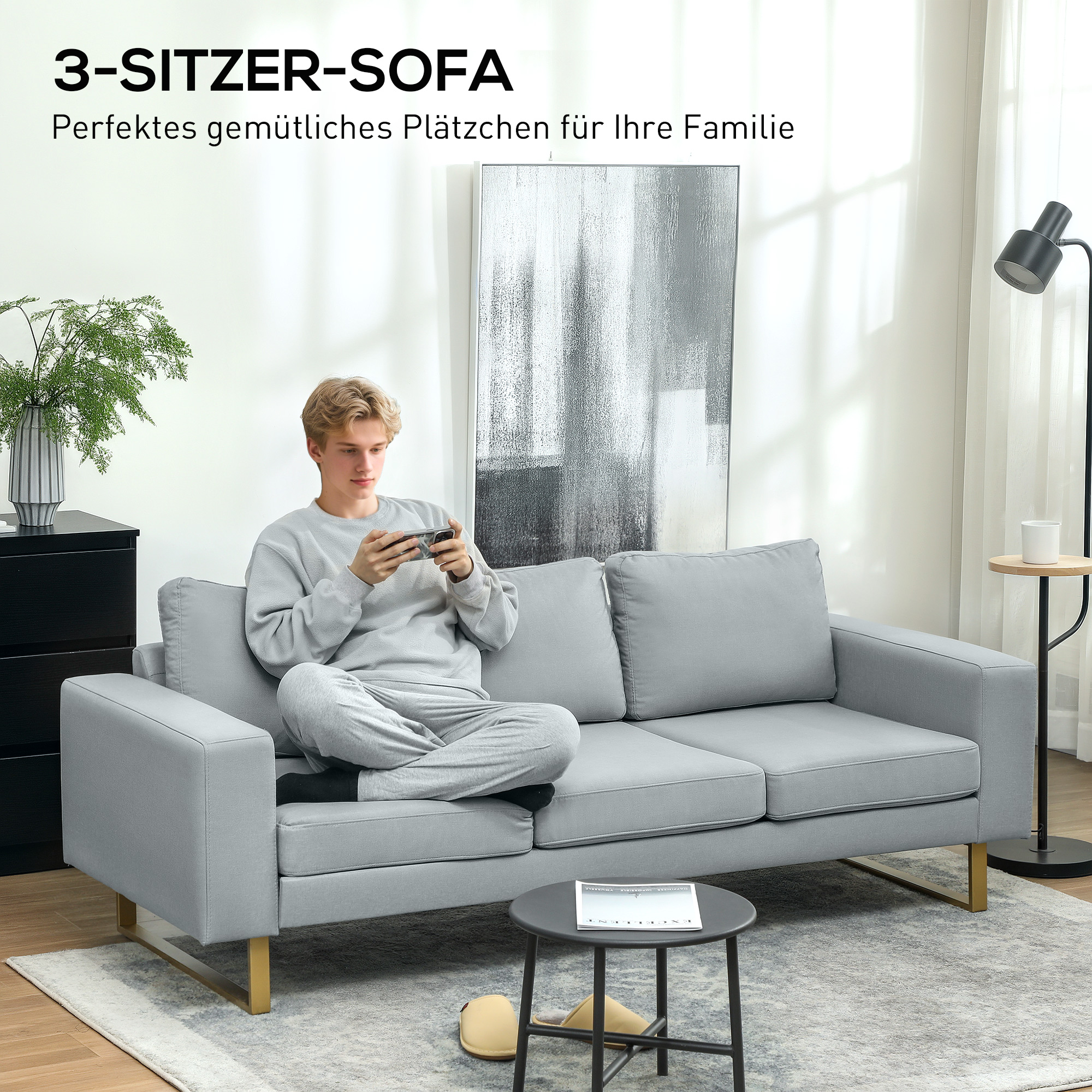 HOMCOM 3-Zitsbank, Bank met Houten Frame, Metalen Poten, Eenvoudig Ontwerp, Lichtgrijs