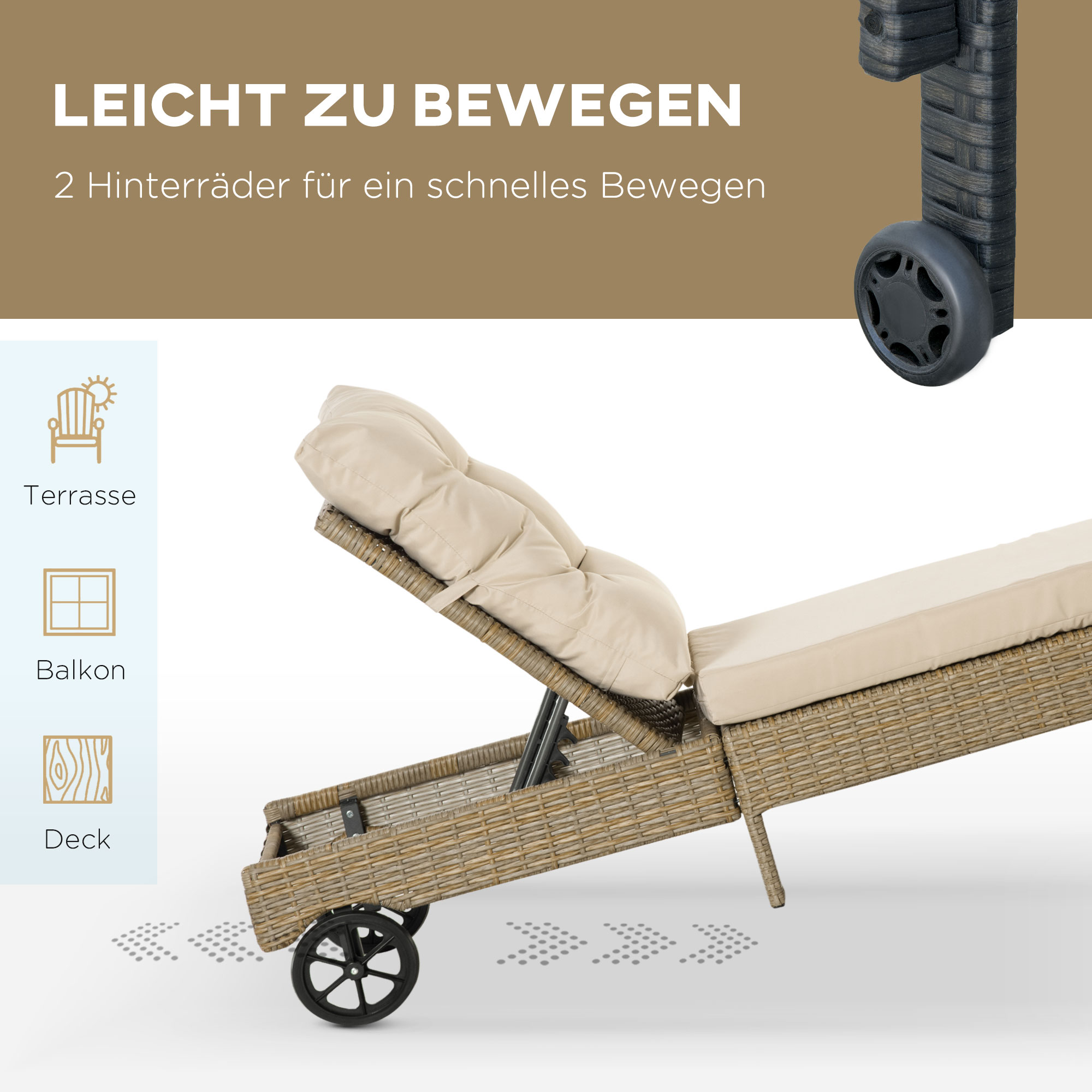 Outsunny ligbed rotan look naturel + kaki 200 x 66 x 92 cm