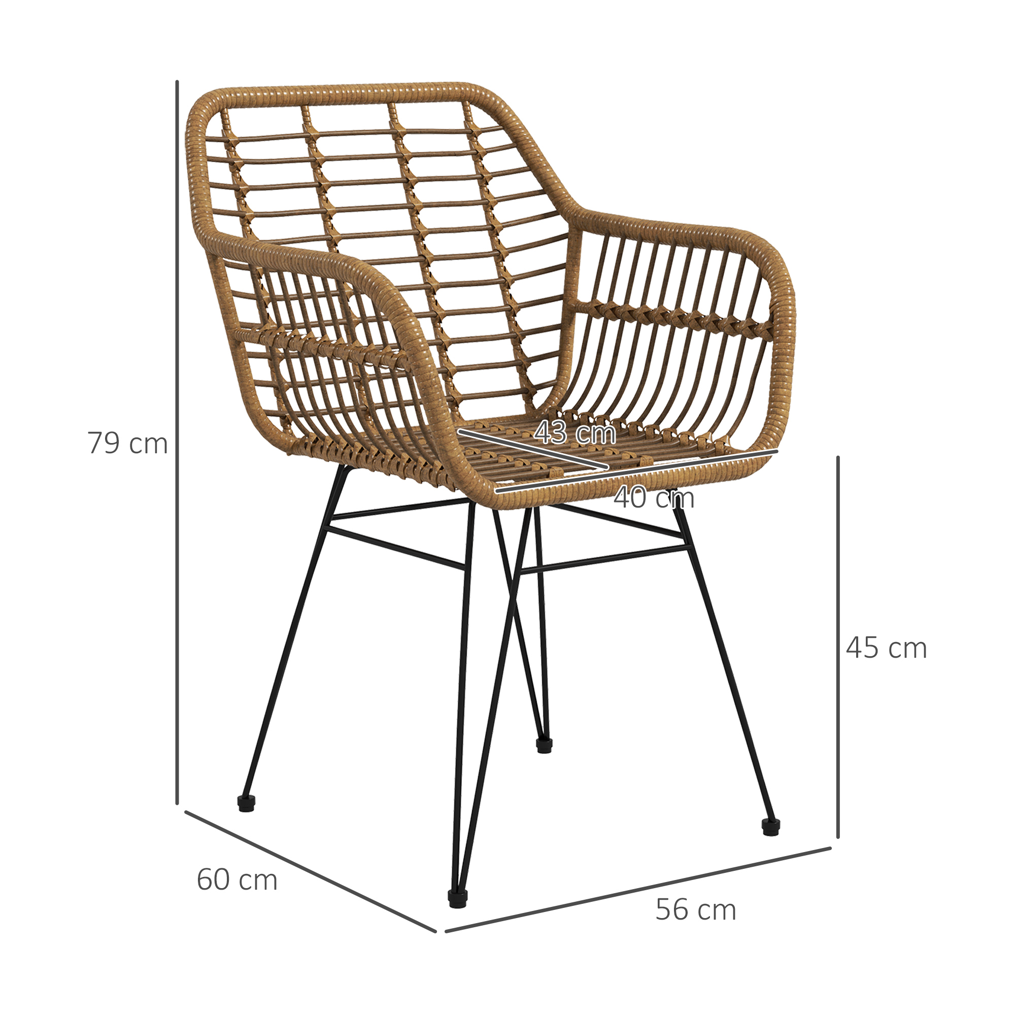 HOMCOM Set van 2 Boho-Stijl Stoelen, Keukenstoelen, PE-Rattan, 56 x 60 x 79 cm, Natuurlijk + Zwart