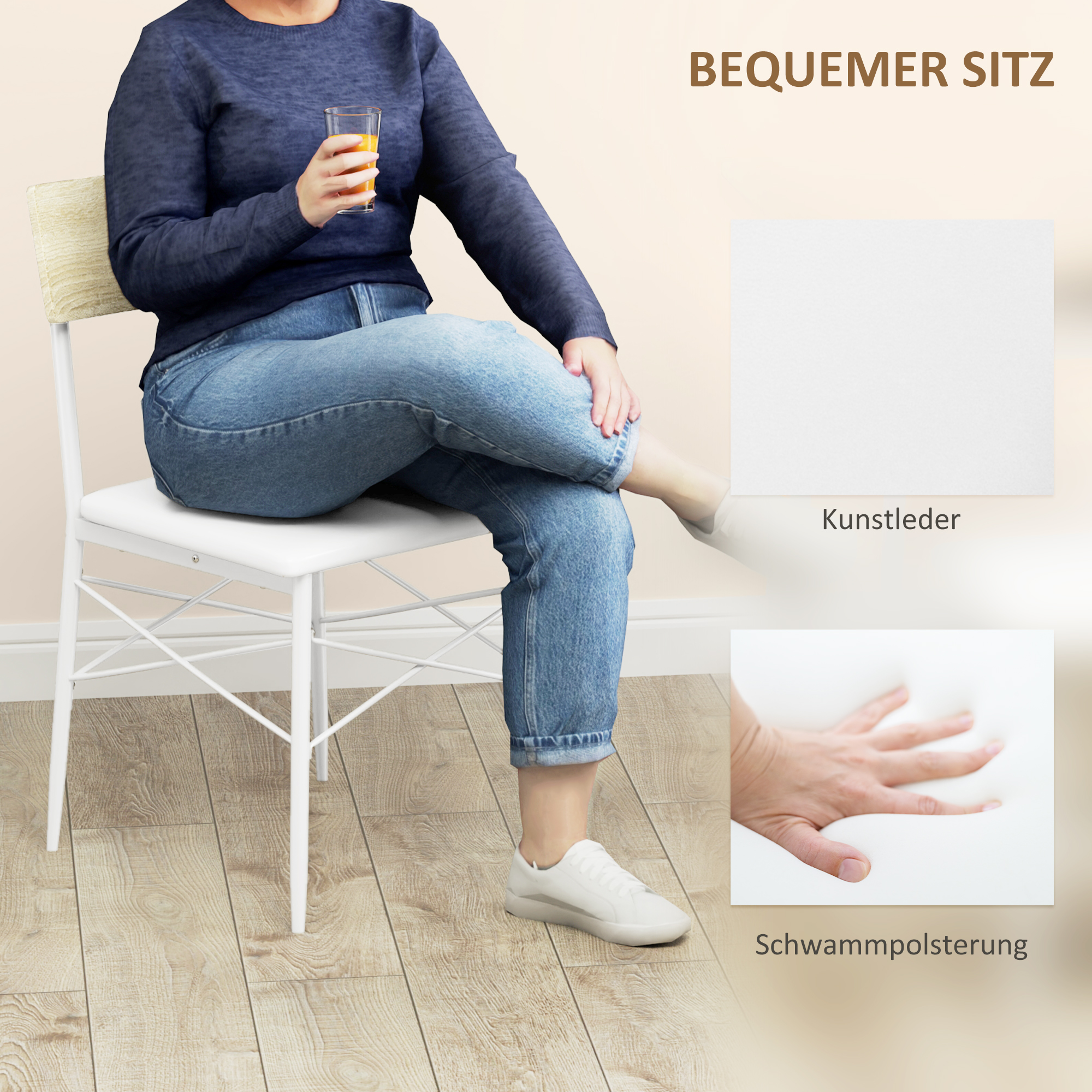 HOMCOM 4-delige Eettafelset met Stoelen en Bank voor 4 Personen, Gepolsterde Zittingen, Staalframe, Hout, Wit