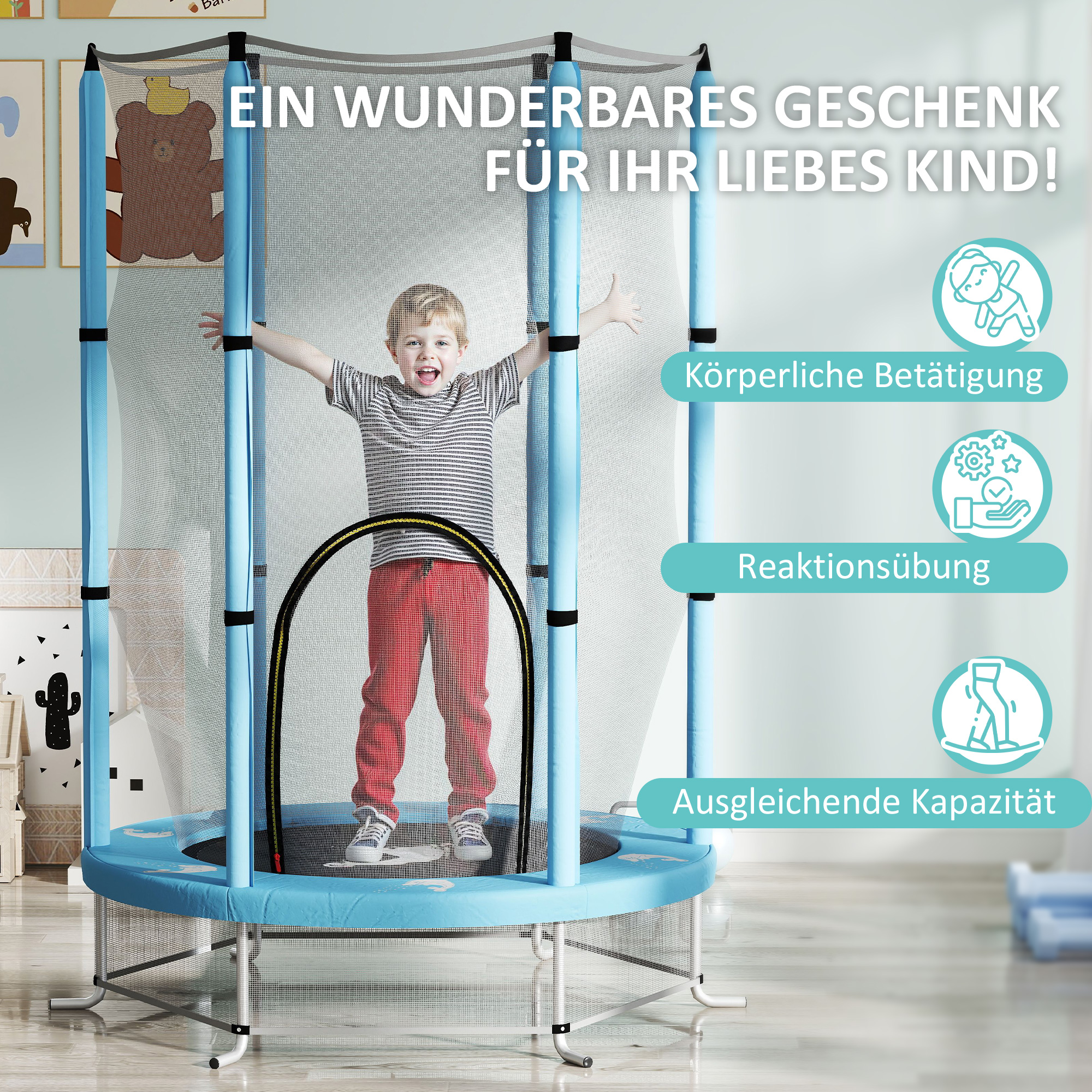 AIYAPLAY Kindertrampoline met Veiligheidsnet, Voor Binnen- en Buitengebruik, 3-6 Jaar, Lichtblauw