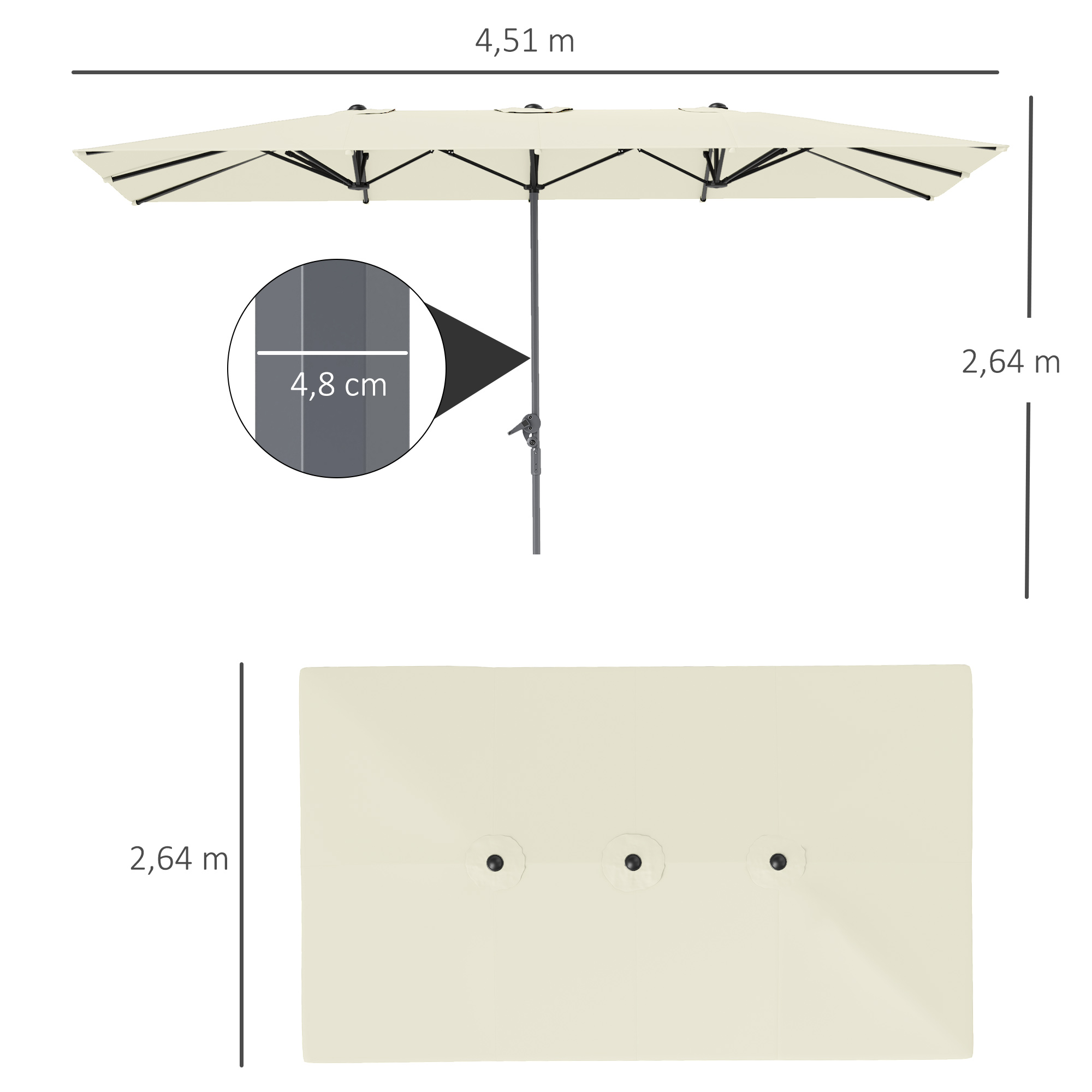 Outsunny Dubbelzijdige Parasol, 451 x 264 cm Zonnescherm met Kruksysteem, 12 Metalen Baleinen, Aluminiummast, Crèmewit