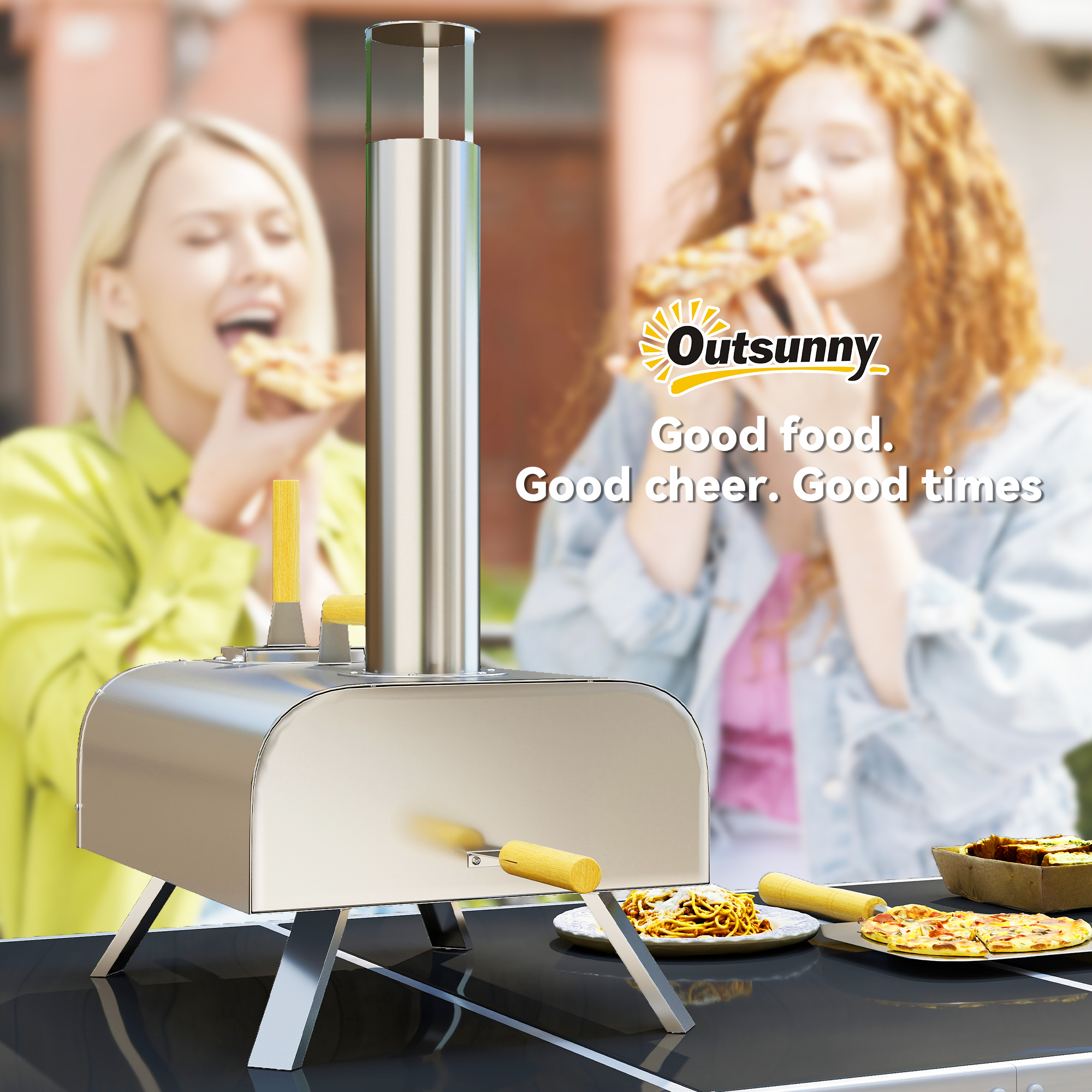 Outsunny Outdoor Pizzaoven, Draagbare Pizza-Oven met Pizzasteen en Schep, Opvouwbare Poten, Schoorsteen, Roestvrijstaal