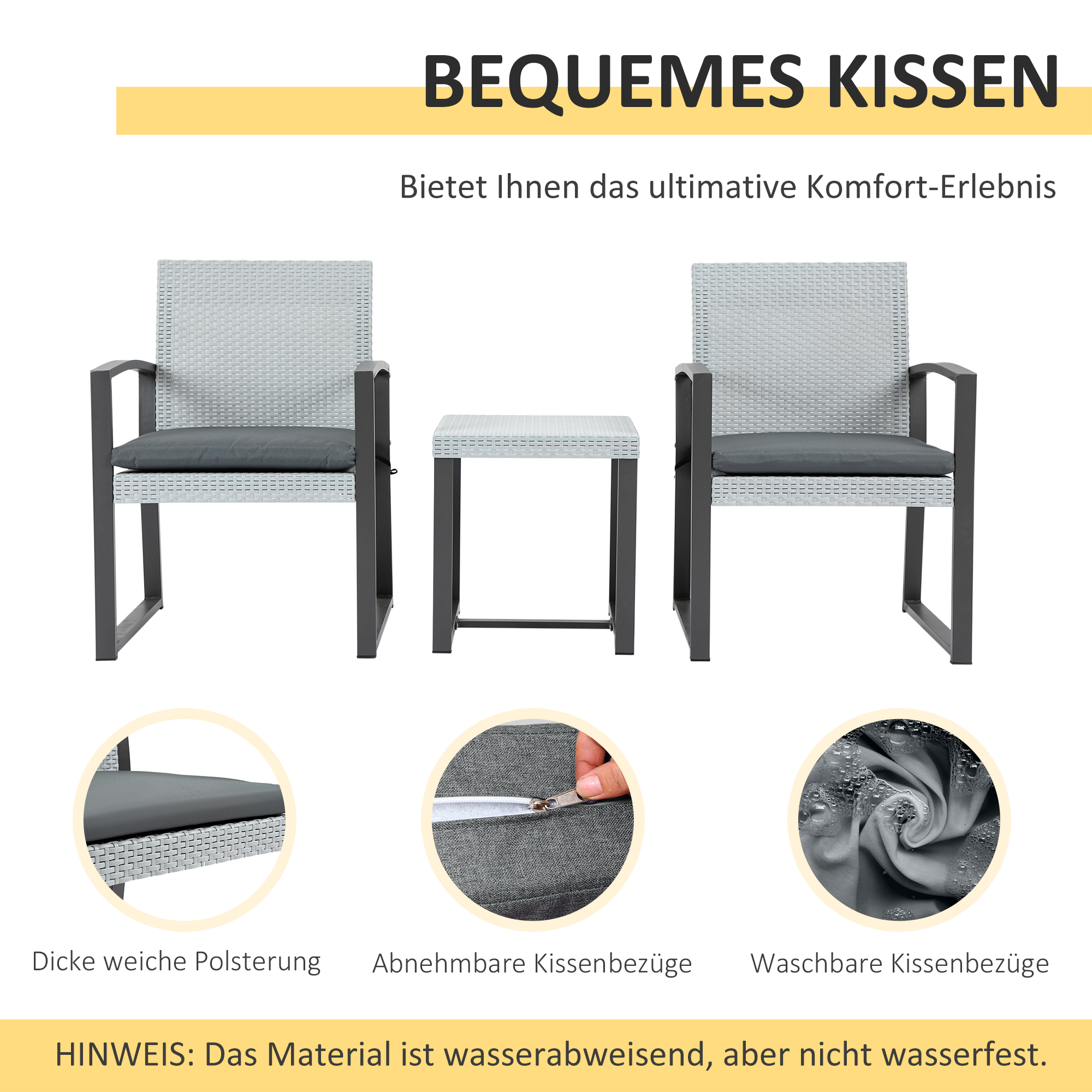 Outsunny poly rotan bistro set 3 st. Balkonmeubelset, tuinmeubelset met bijzettafel, tuinset, zitset met zitkussen, staal, zwart en grijs
