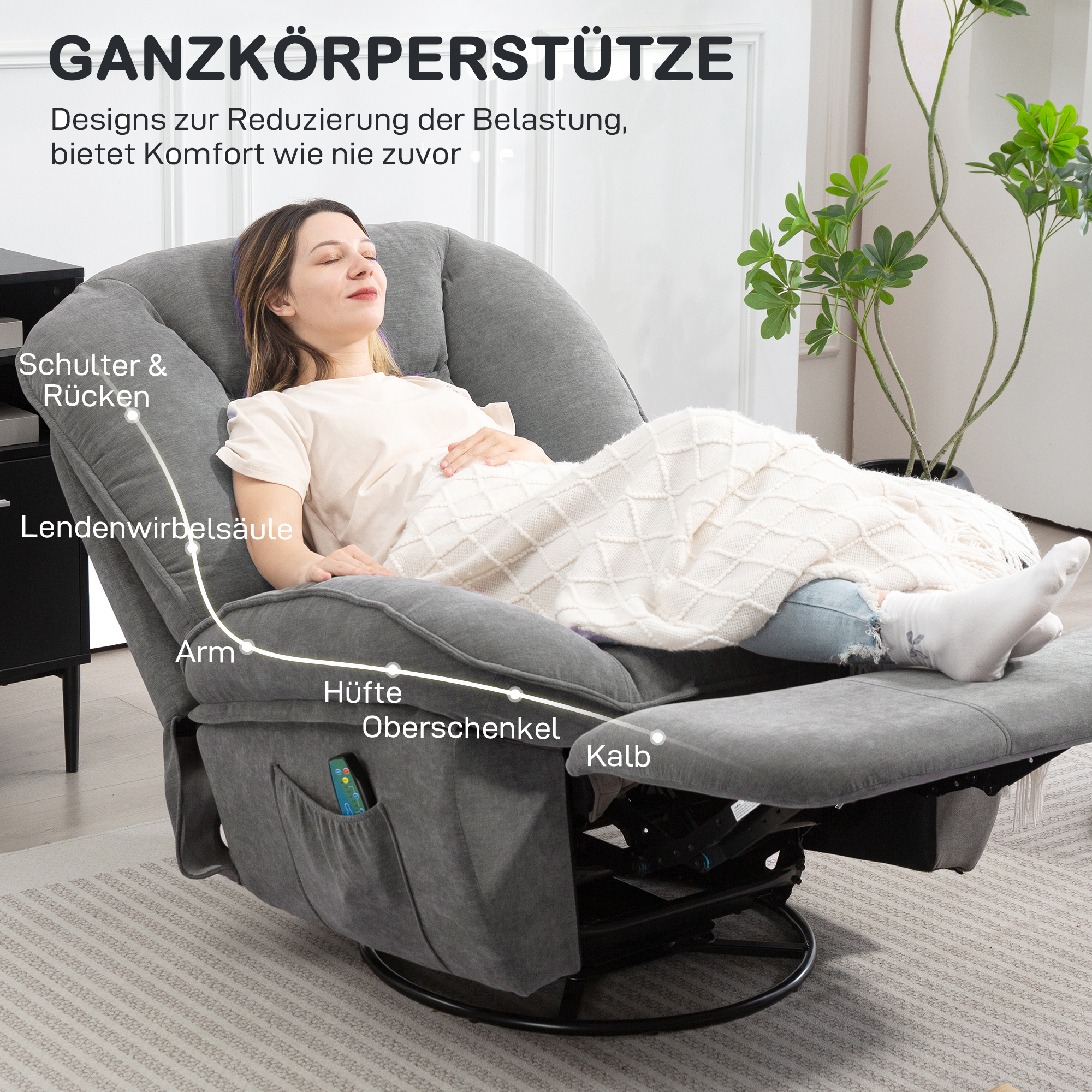 HOMCOM Relaxfauteuil, TV-fauteuil met Ligfunctie, Schommel- en Draaibaar, met Voetsteun, Grijs