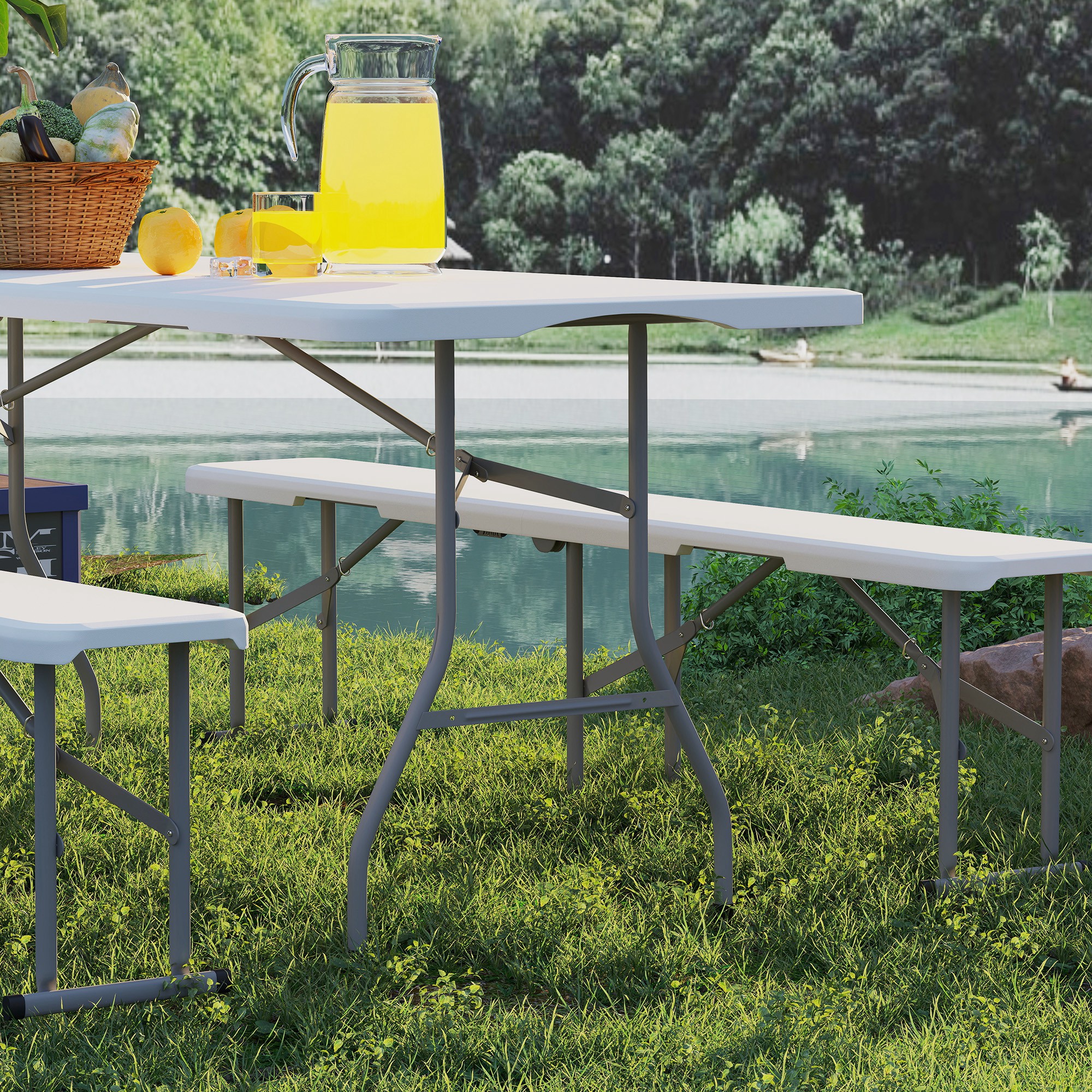Outsunny 3-delig Picknicktafelset, 1 Tafel, 2 Banken, Opvouwbare Campingtafel met Draaghandvatten, Kunststof, Metaal, Wit