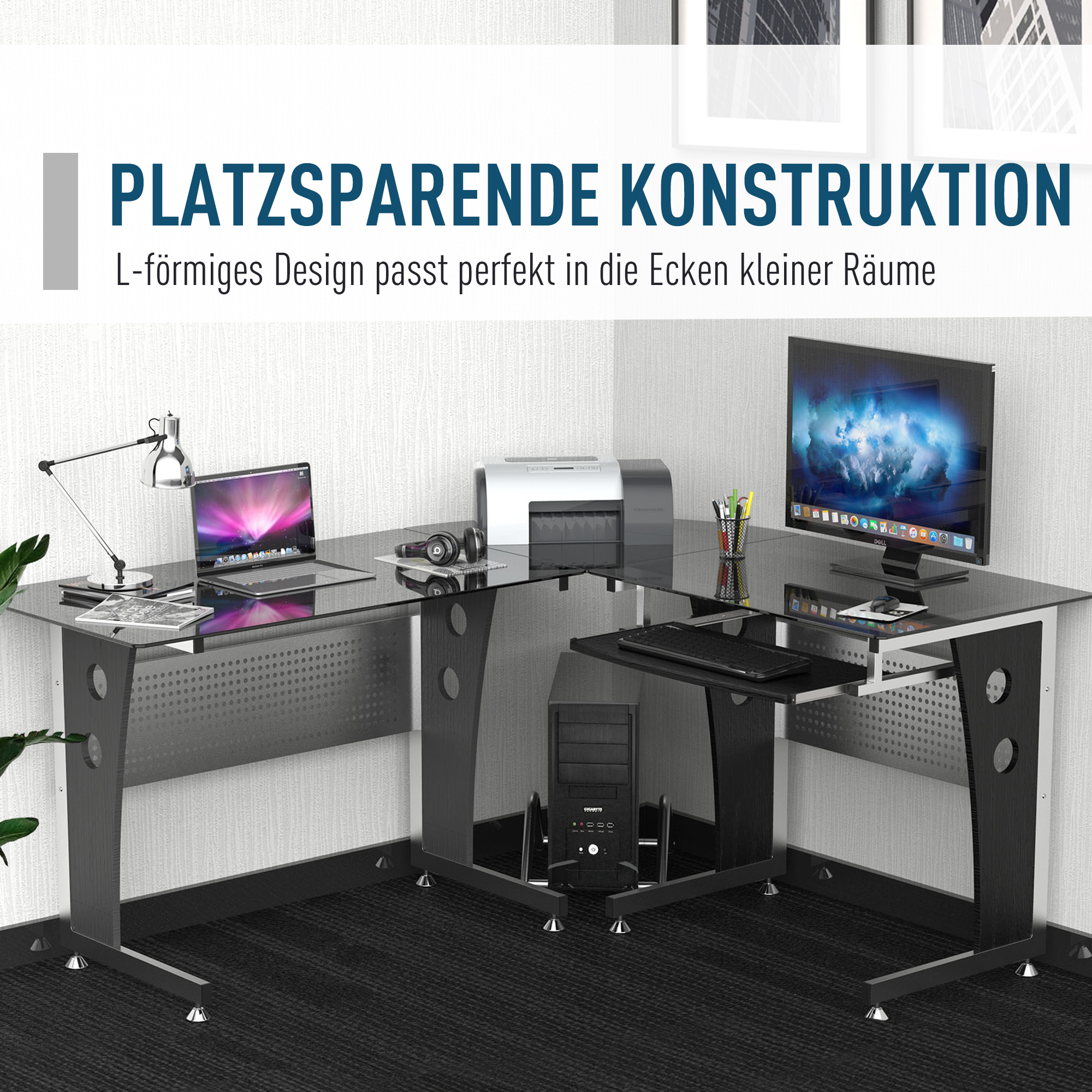 HOMCOM Computertafel hoekschrijftafel PC-tafel kantoortafel met veiligheidsglas