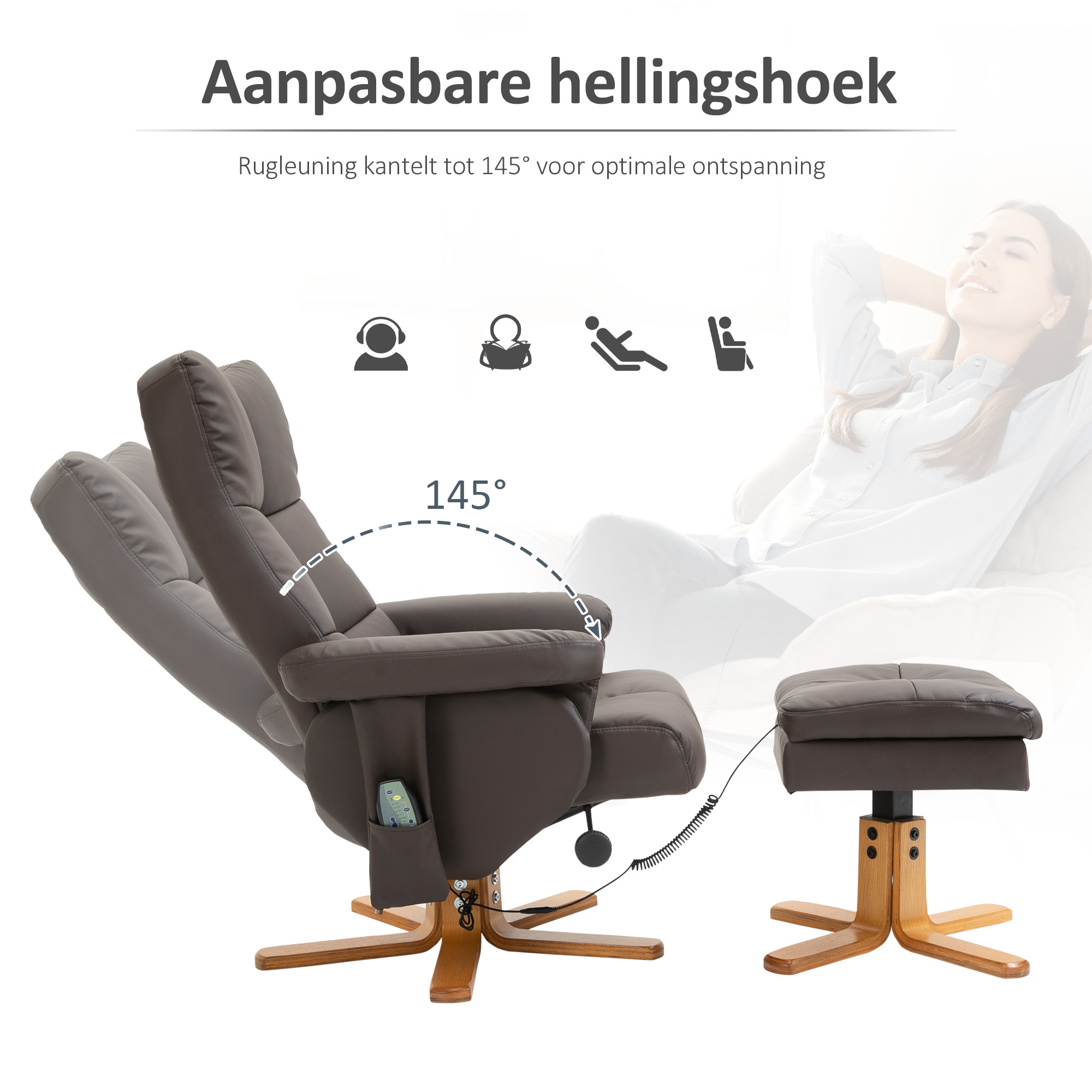 HOMCOM massagestoel met ottoman relaxstoel TV-stoel TV-stoel 145 ° helling kunstleer bruin 80 x 86 x 99 cm