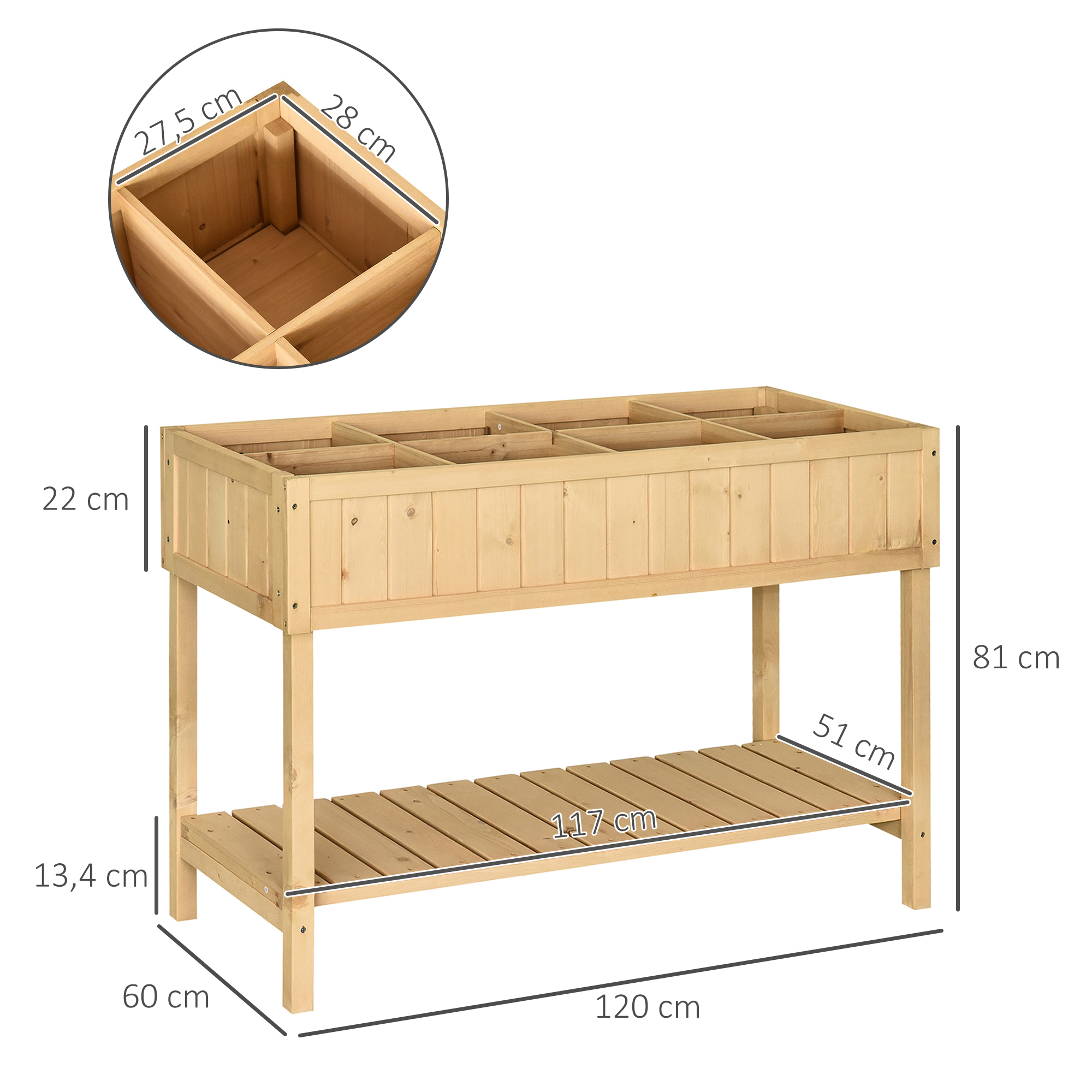 Plantentafel verhoogd bed plantenbak kweektafel 6 x vakken vurenhouten aflegvlak + afvoer