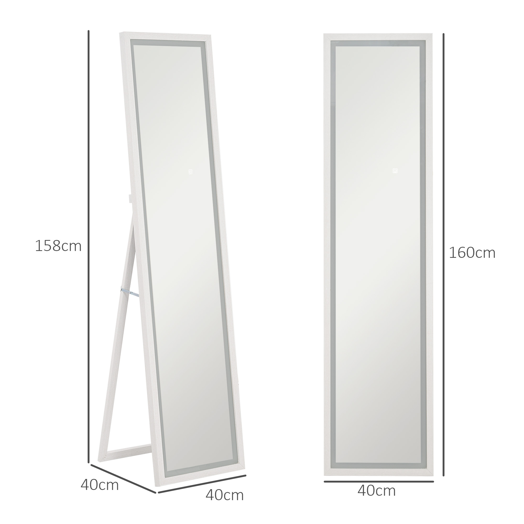 HOMCOM Volledige lengte spiegel, 40x160 cm, LED-verlichting, Touchbediening, dimbaar, 3 kleuren, Wit