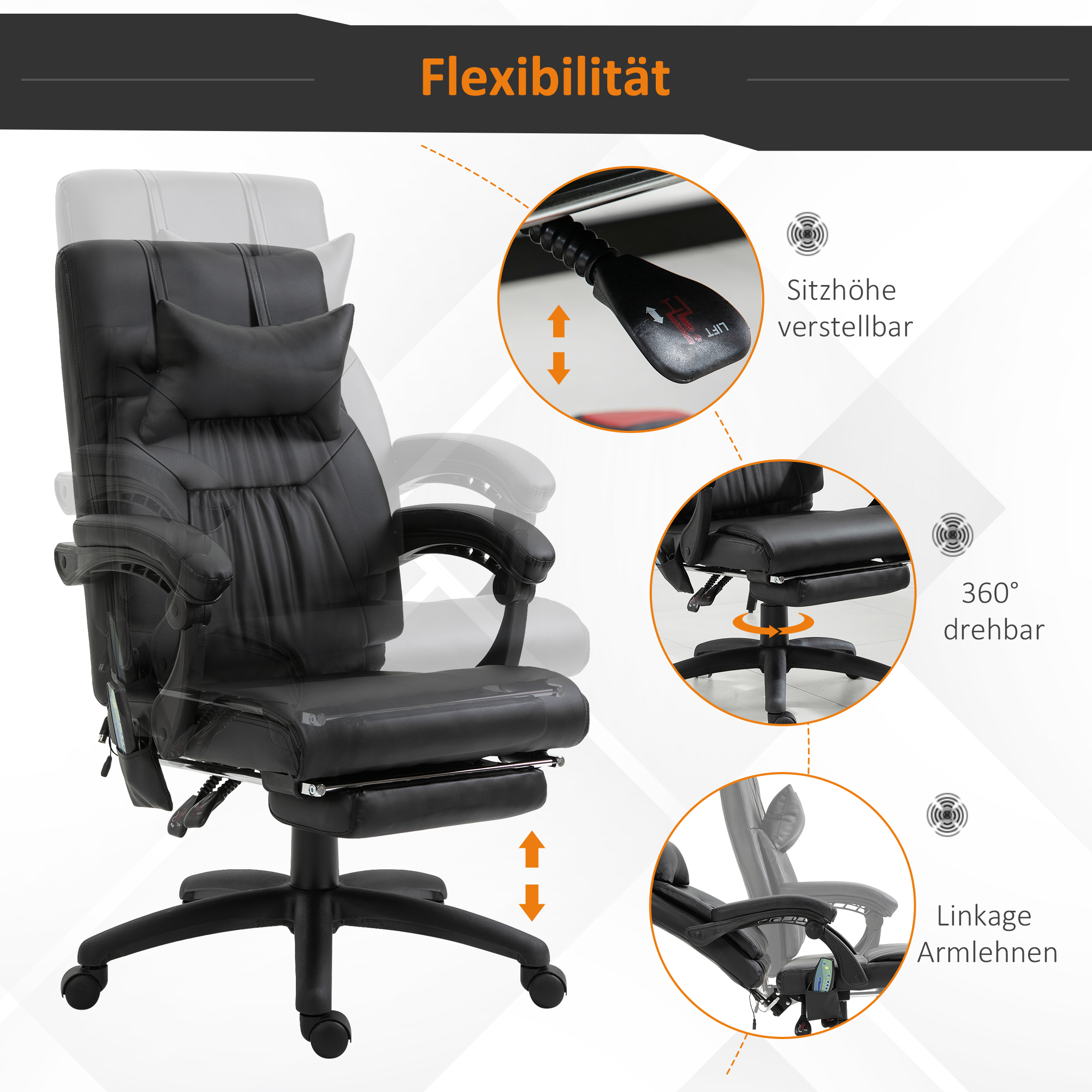 Vinsetto massagestoel directiestoel met warmtefunctie Massagefunctie 7 massagepunten, in hoogte verstelbare draaistoel met voetensteun, hoofdsteun, modern schuim PVC zwart 68 x 79 x 104-112 cm
