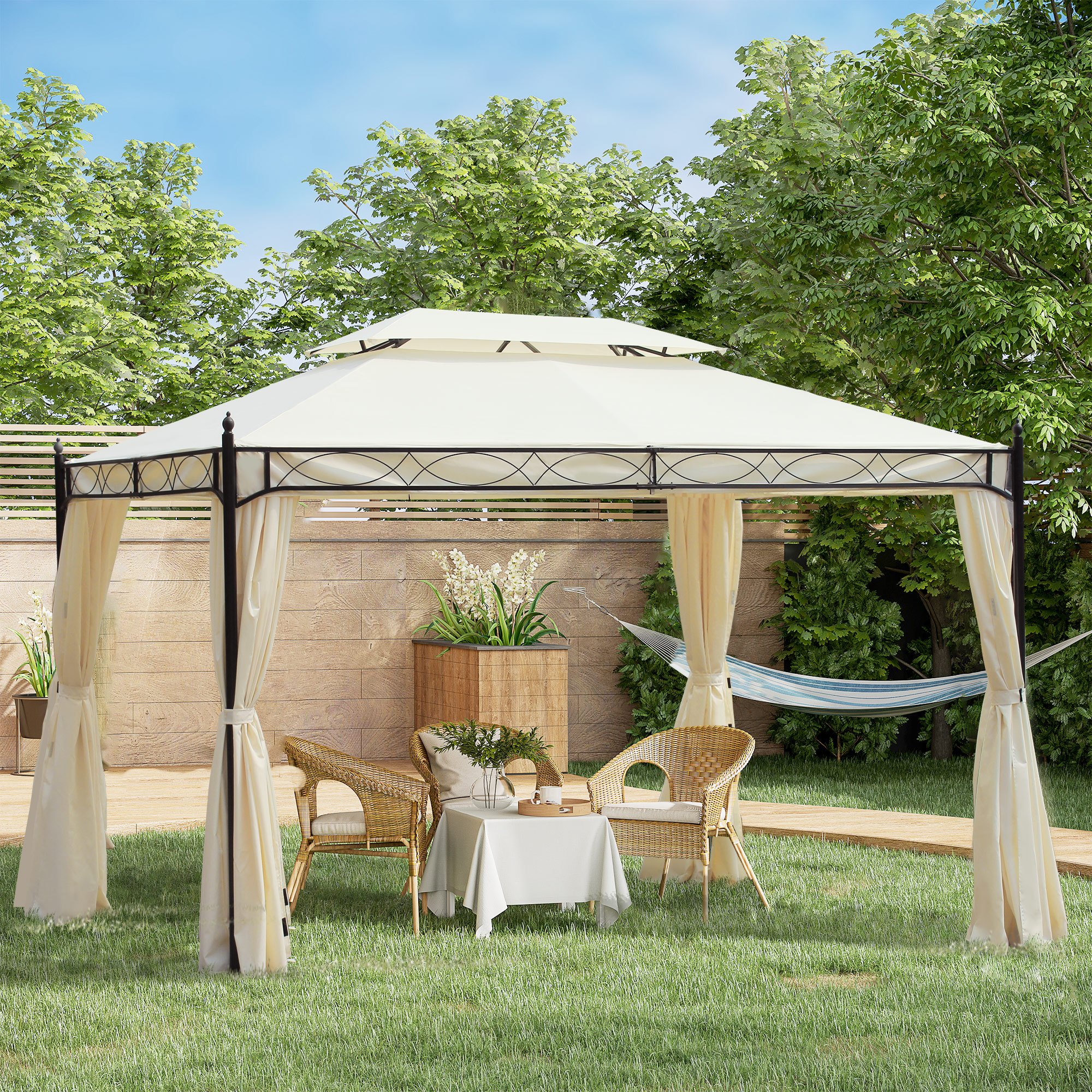 Outsunny Paviljoen tuinpaviljoen feest partytent dubbel dak tuintent 3 x 4 m Wit