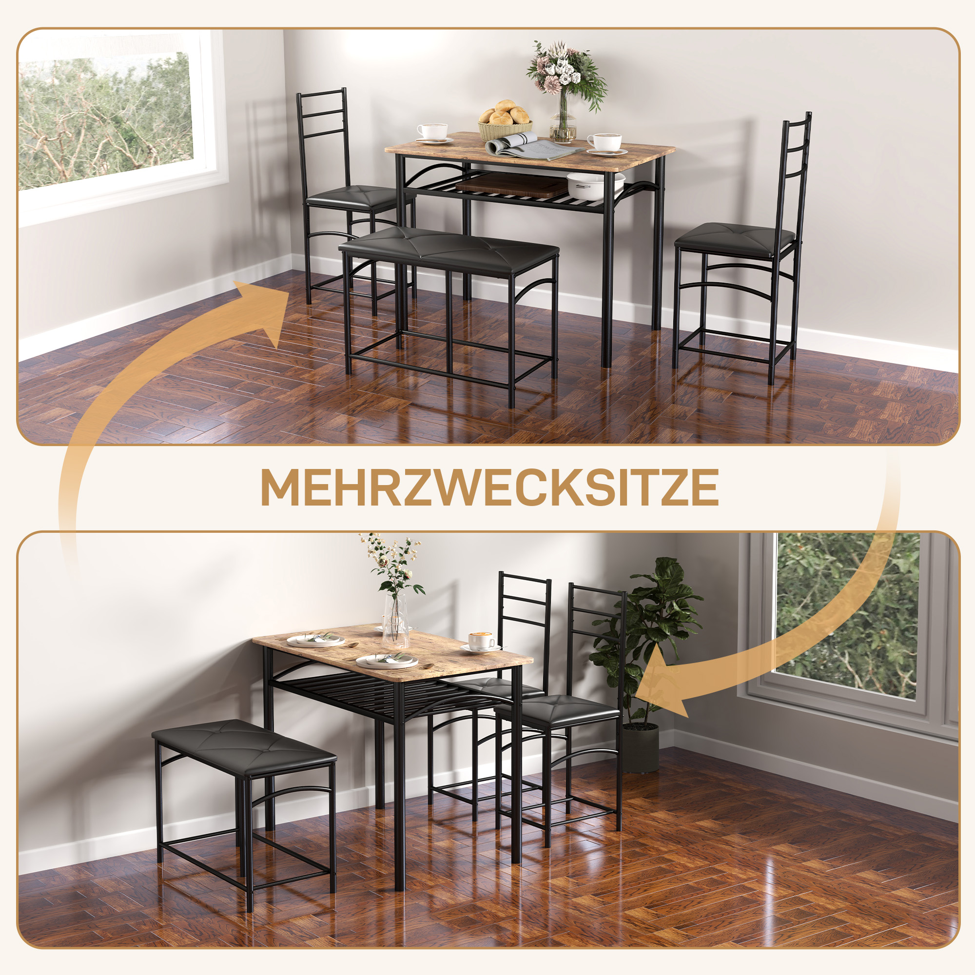 HOMCOM 4-Delige Eetkamerset, Ruimtebesparende Set met Tafel, 2 Stoelen en Bank voor Kleine Ruimtes, Metaal, Hout, Bruin