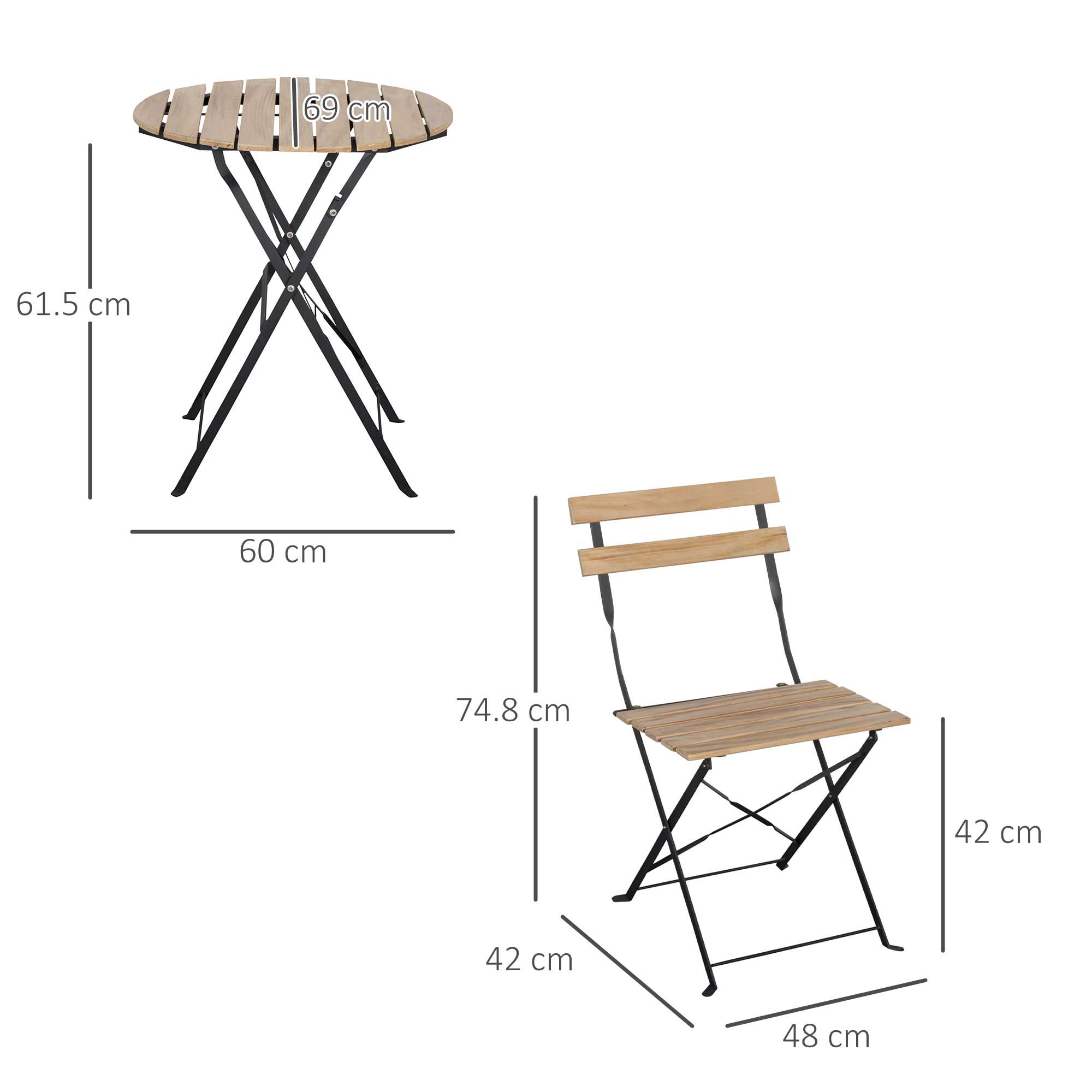 Outsunny 3-delige opvouwbare bistroset massief hout + stalen frame natuurlijke kleur
