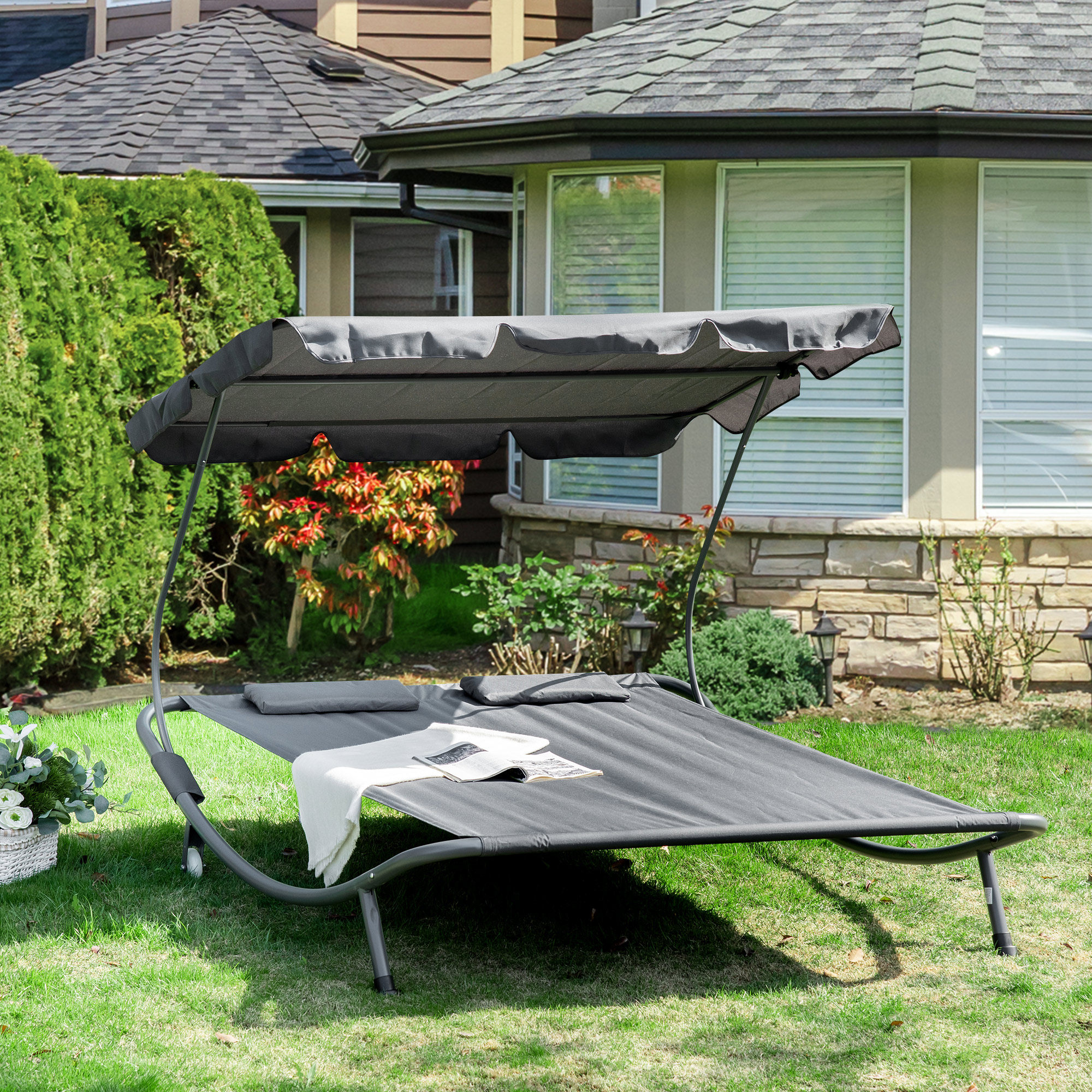 Outsunny Dubbele ligbank ligbed relax lounger met zonnedak rolbaar staal crèmewit / grijs