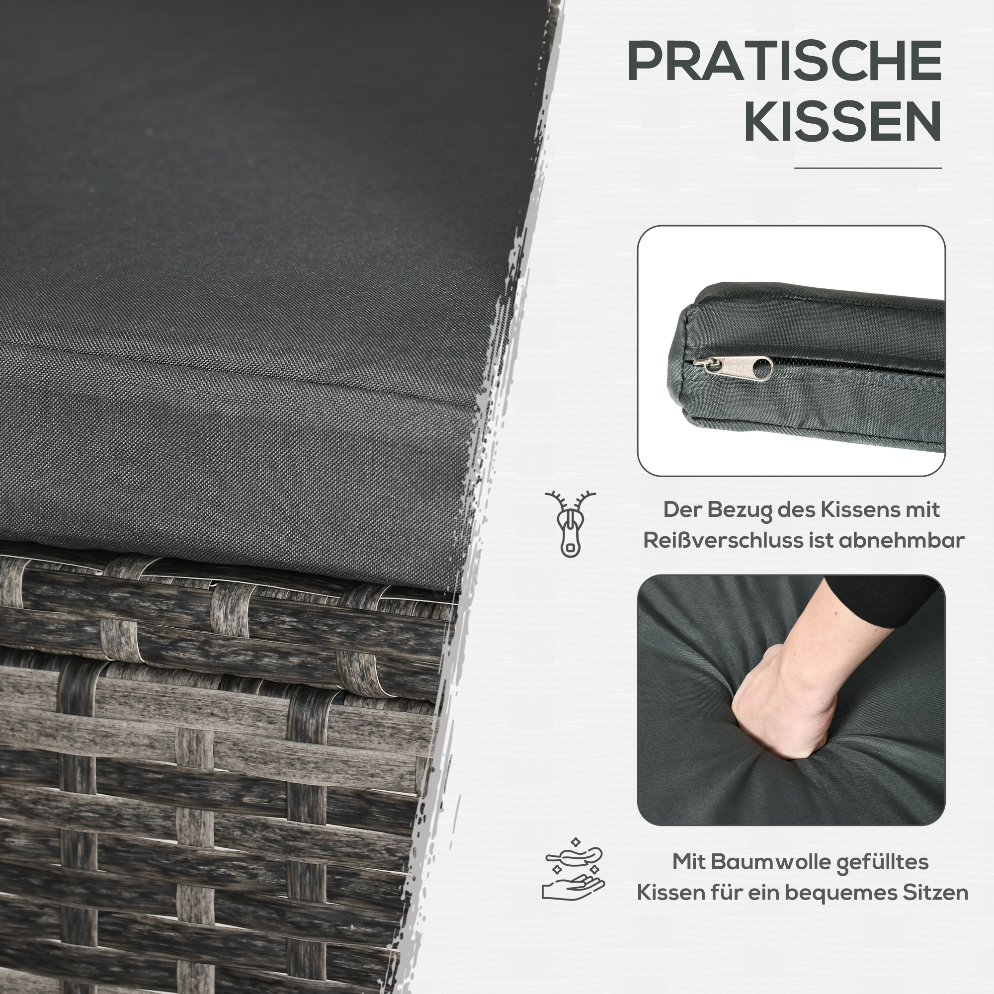 Outsunny 3-delige zitgroep in rotanlook met zitkussens, metaal+polyrattan+polyester, donkergrijs