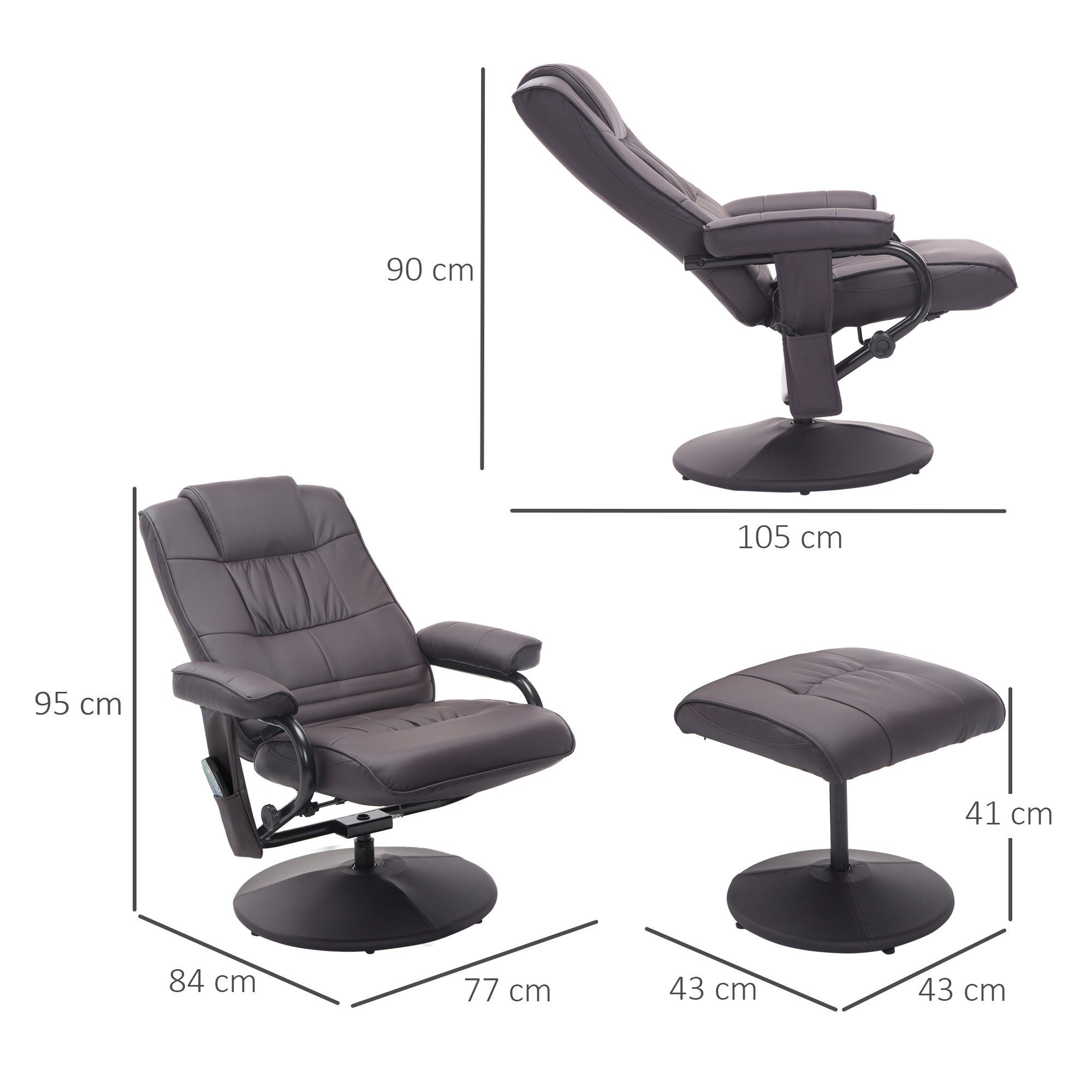 HOMCOM Massagesessel Relaxstoel, inclusief voetenbank, met 10 vibratiepunten en 1 afstandsbediening, 77 cm x 84 cm x 95 cm, bruin