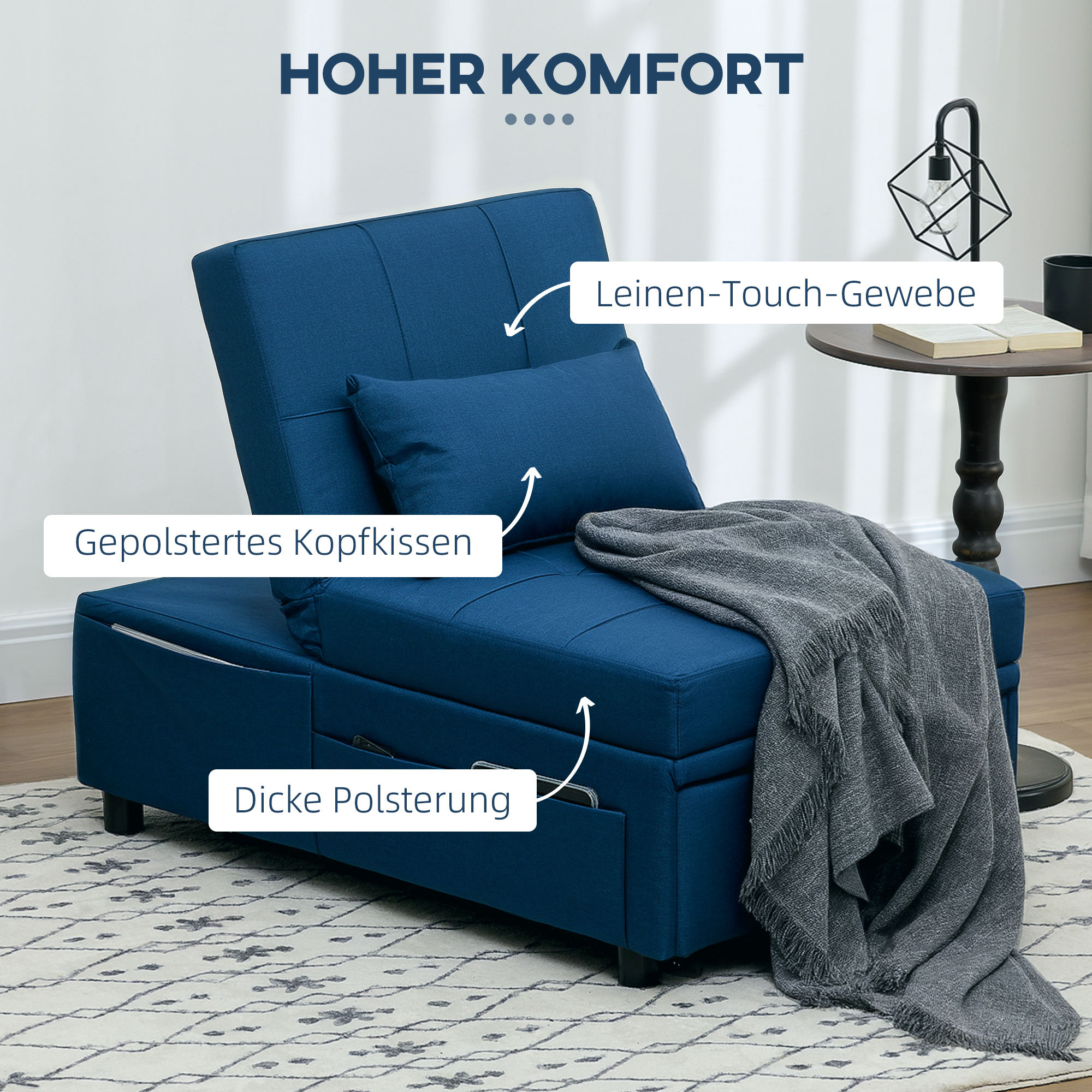 HOMCOM 3-in-1 Opvouwbare Fauteuil met Zijvak, Gastenbed met Kussen, Verstelbare Rugleuning, Stoelbed met Wielen, Blauw