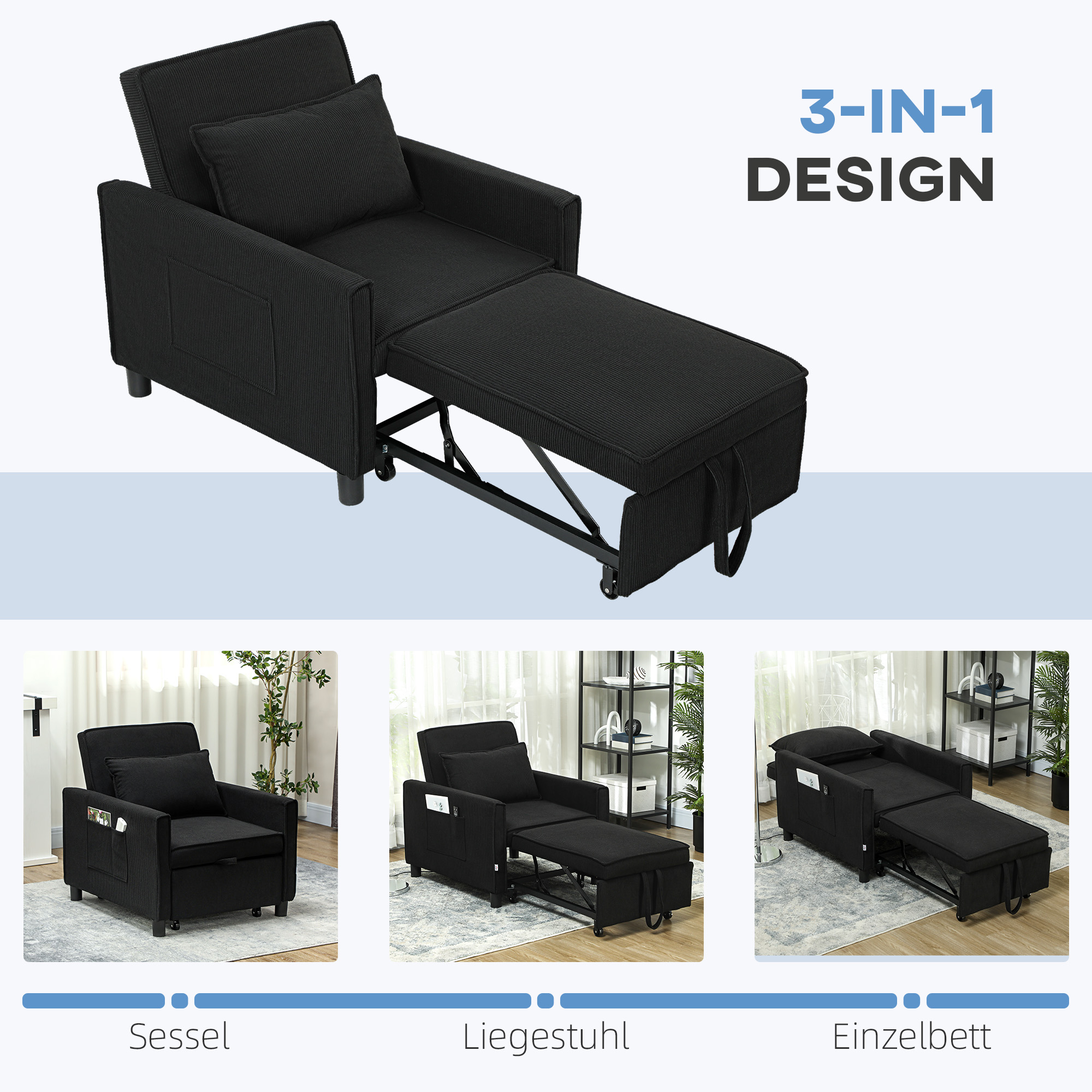 HOMCOM Slaapfauteuil, 3 standen verstelbare, Corduroy bekleding, tot 120 kg, Zwart