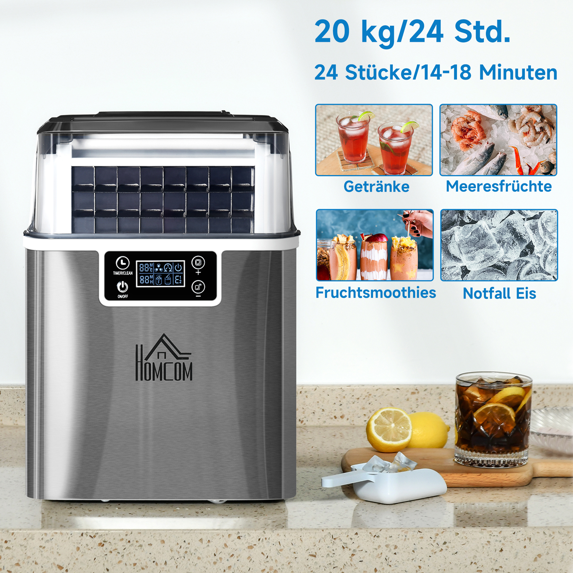 HOMCOM ijsblokjesmachine 20 kg/24u 2.3 l ijsblokjesmachine met 3.2 l waterreservoir display RVS zilver 25,2 x 36 x 37,1 cm