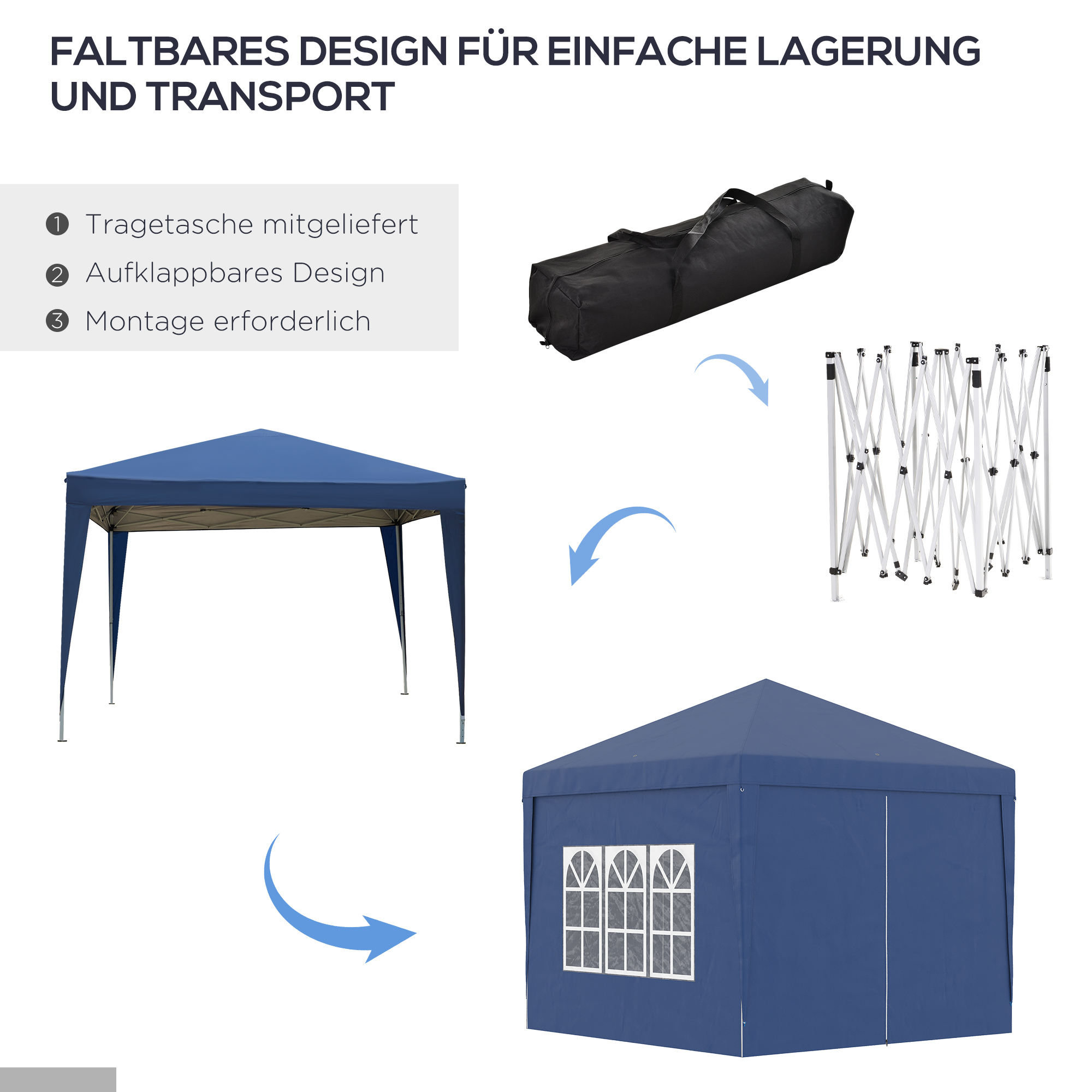 Outsunny Paviljoen, Partytent, 4 afneembare zijwanden, 2 ramen, metalen frame, 2,95 x 2,95 m, Blauw