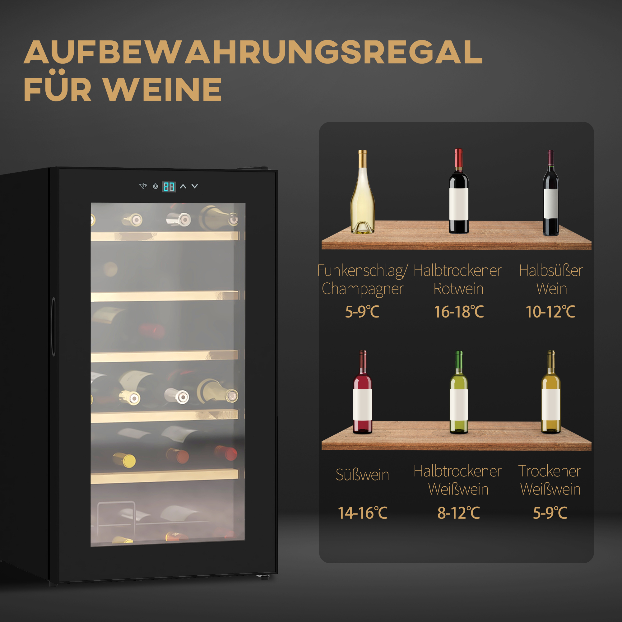 HOMCOM Wijnkoelkast voor 24 flessen, instelbare temperatuur van 5 tot 20° C, LED-verlichting, zwart, 43 x 45 x 75 cm