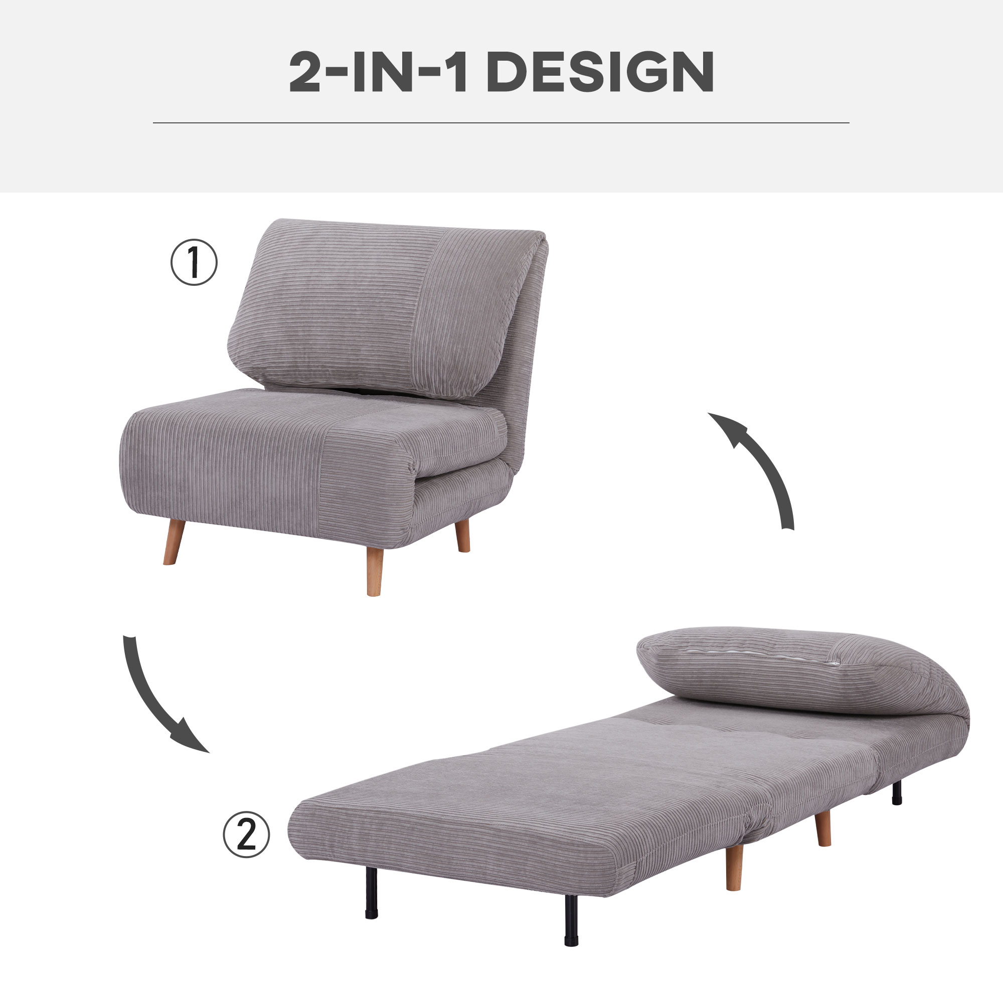 HOMCOM 2-in-1 slaapbank, fauteuilbed, opvouwbare matras, logeerbed, opklapbed, lichtgrijs