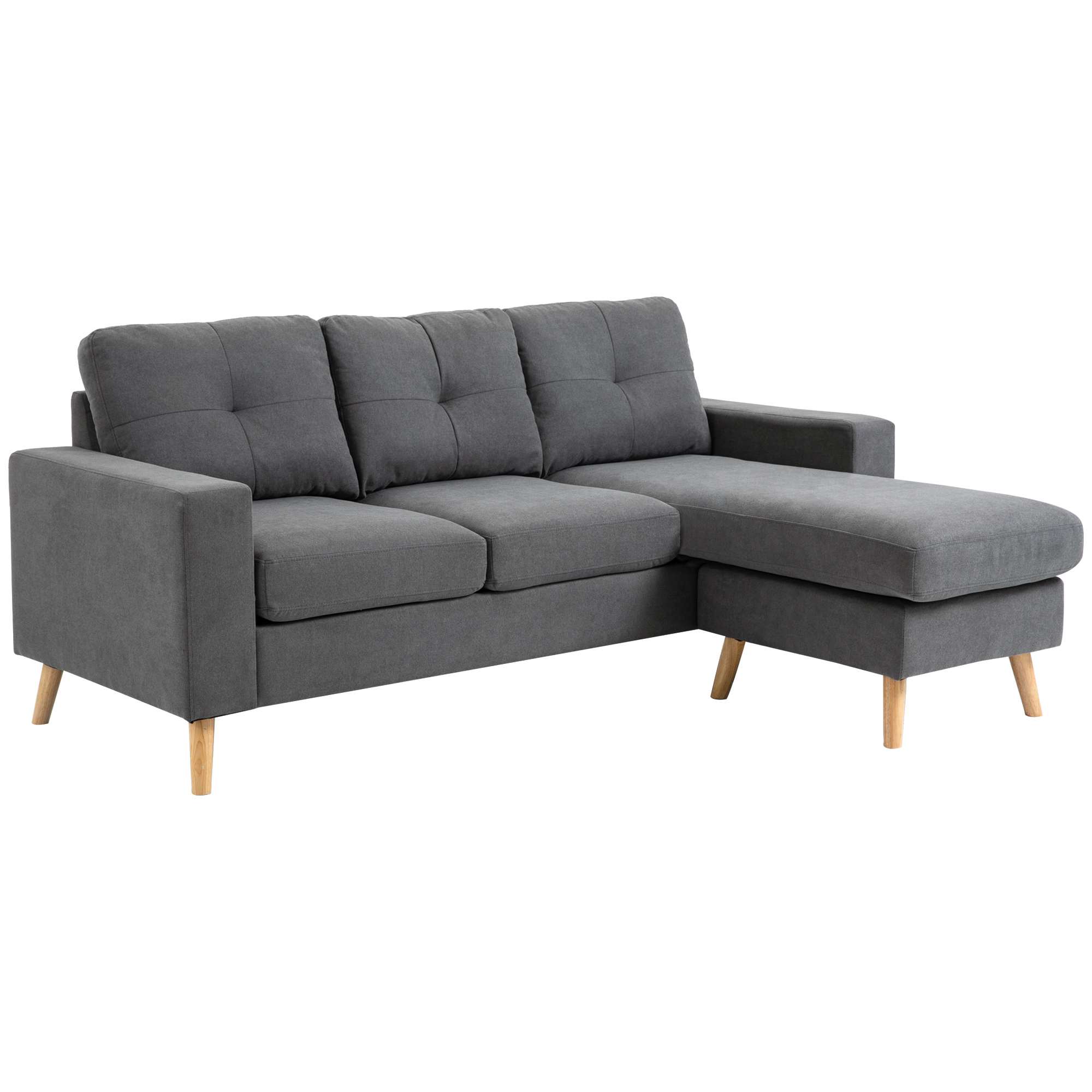 HOMCOM Hoekbank in Scandinavisch design, met knoopdetail, massief hout, linnenlook, Grijs