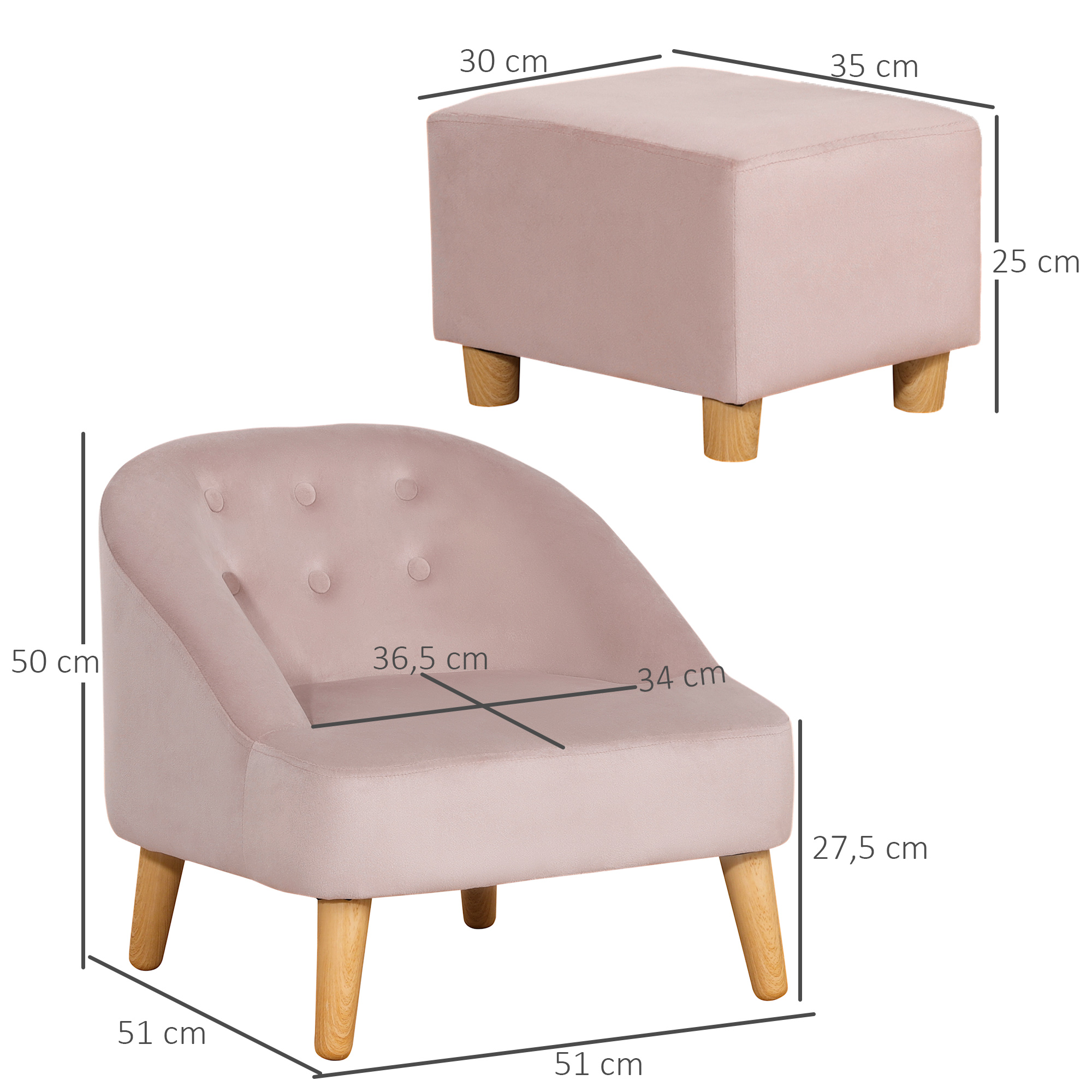 Homcom kinderfauteuil met voetenbank voor kinderen van 3 tot 5 jaar, schattig fluwelen design, 51 cm x 51 cm x 50 cm, roze