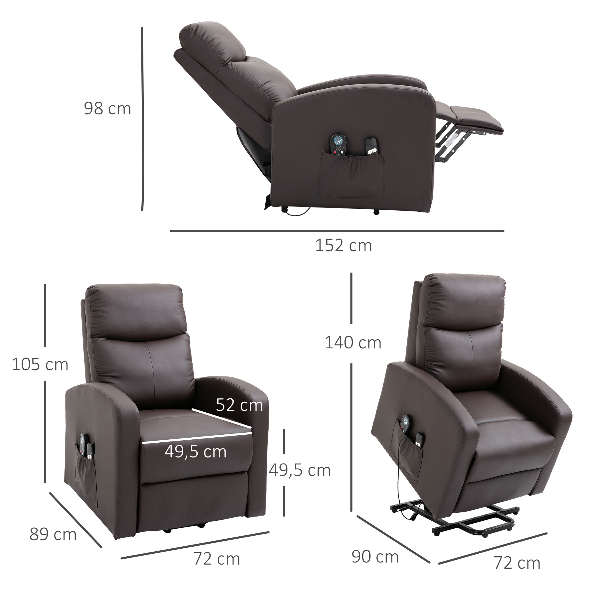 HOMCOM Massagestoel met opstaan hulp, relaxstoel, ligstoel, hoofdsteun, 8 vibratiepunten, 2 afstandsbedieningen, bruin