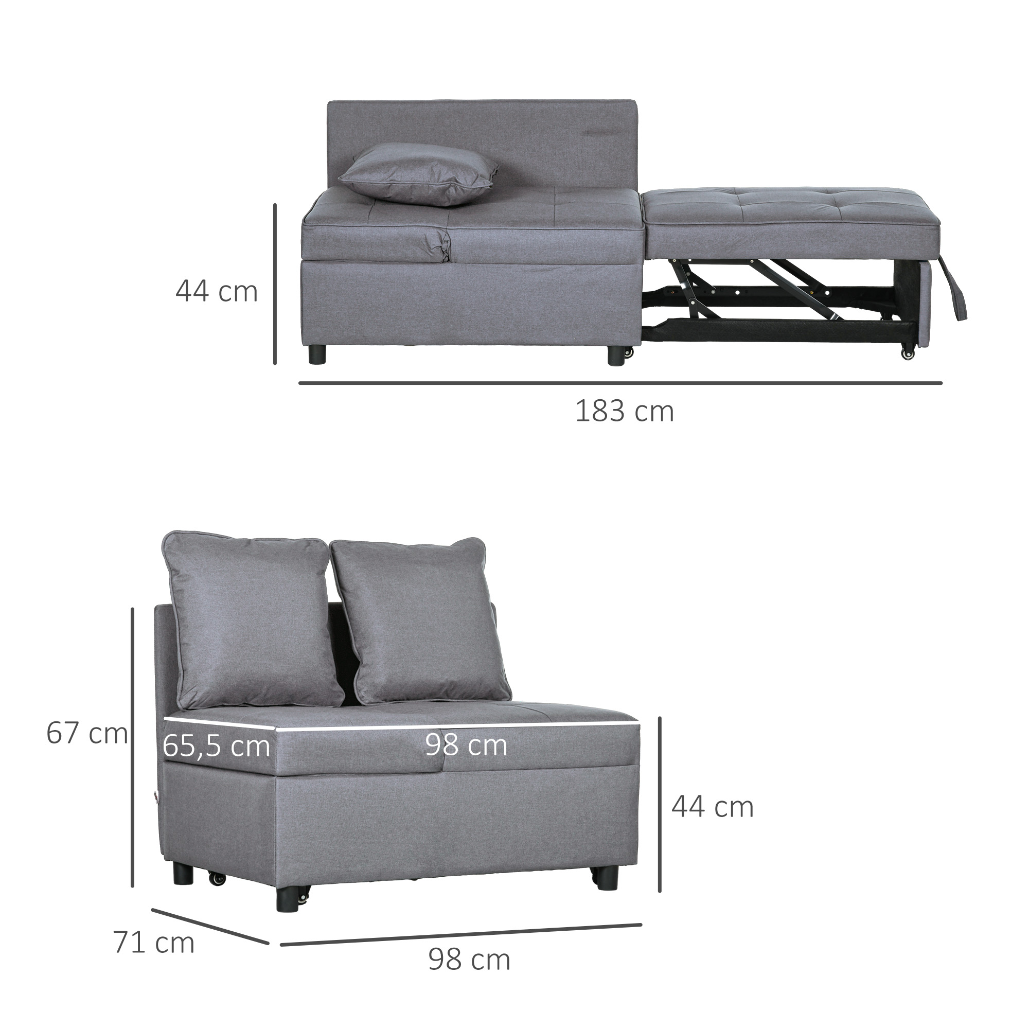 HOMCOM Slaapstoel, 2-Zitsbank met Bedfunctie, Opvouwbare Gestoffeerde Stoel met 2 Kussens, Linnen-Look Bekleding, Donkergrijs