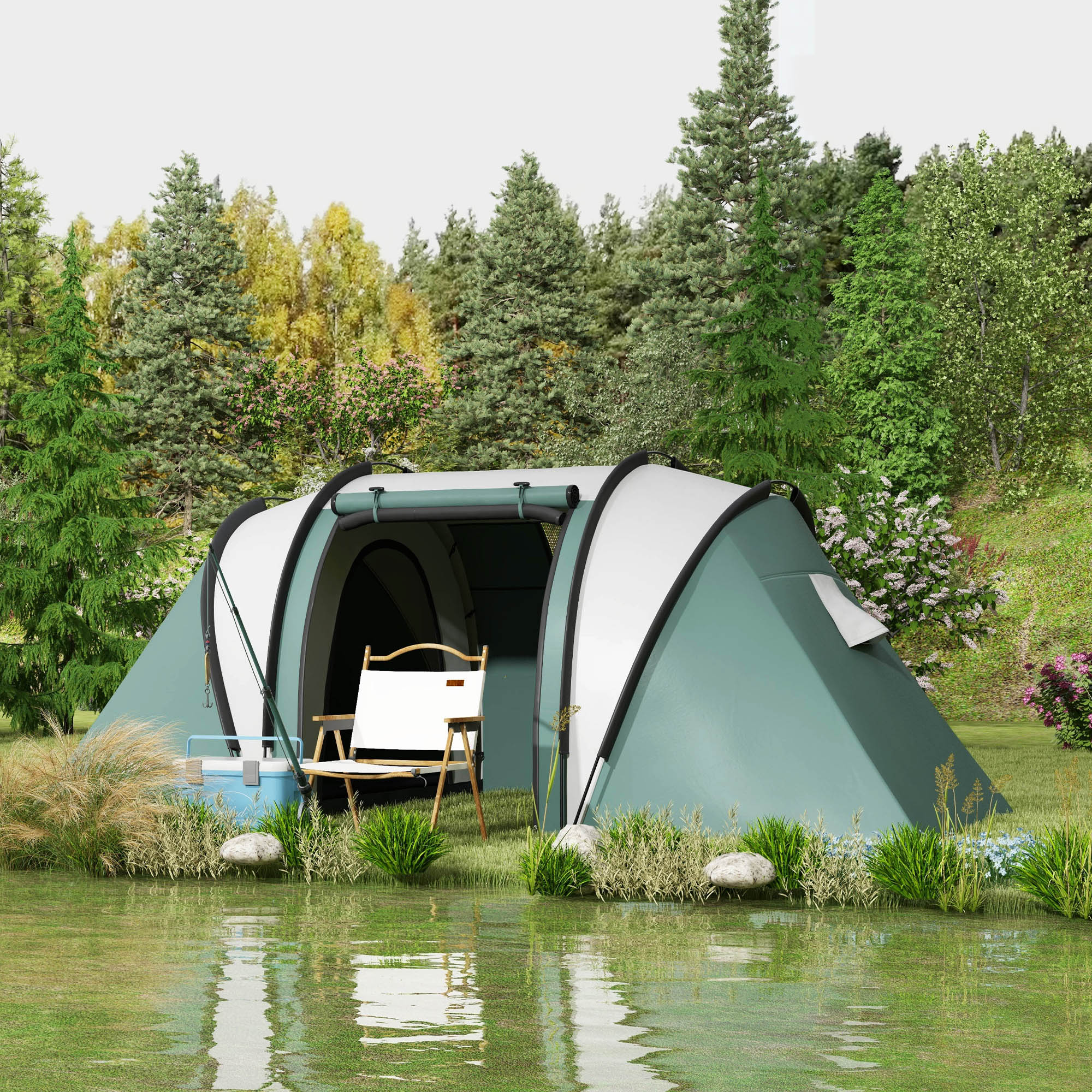 Outsunny Lichtgewicht Waterafstotende Campingtent voor 4-5 Personen met 3 Kamers, Zijdeur en Ramen in Donkergroen