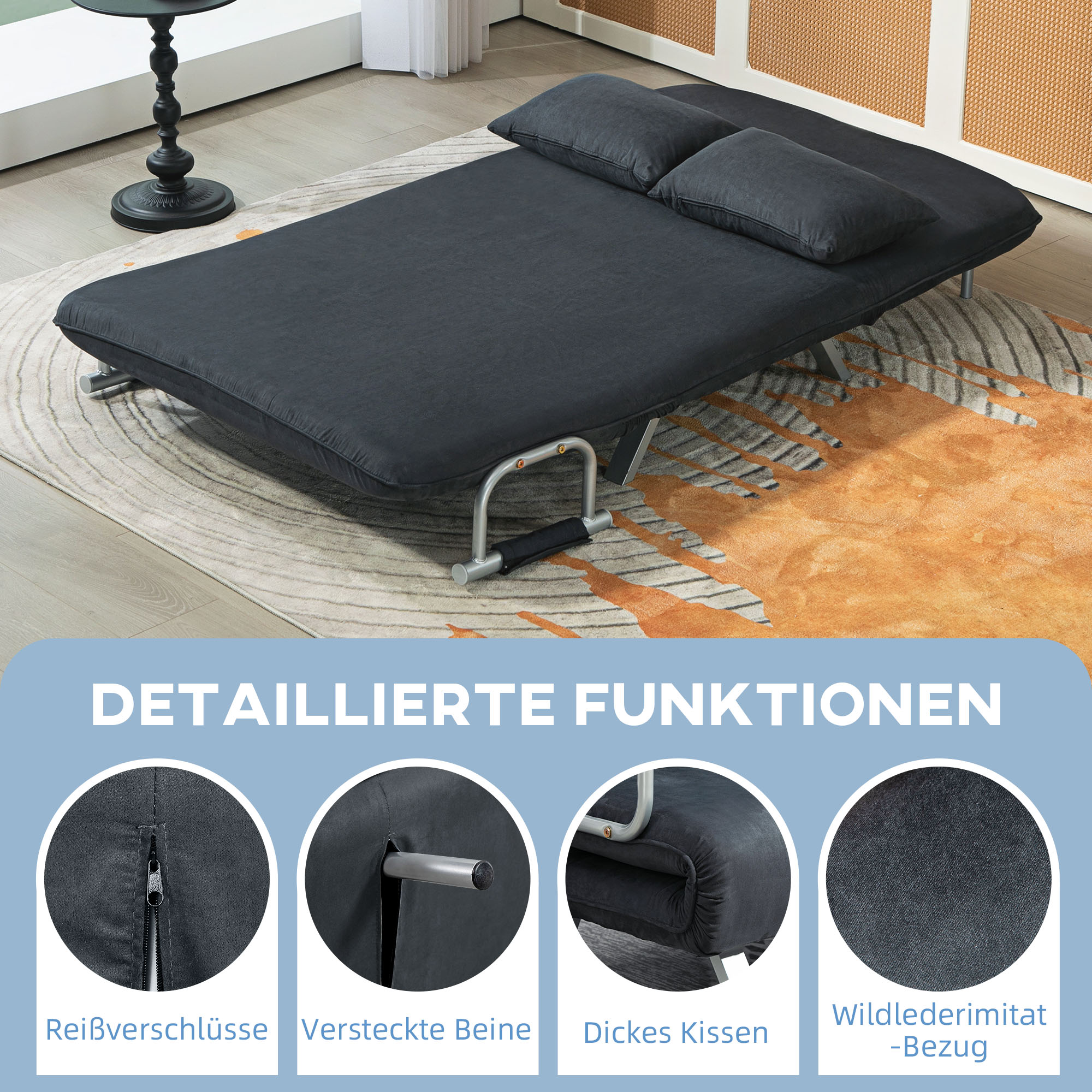 HOMCOM Slaapbank, 5-voudig verstelbaar, Suède-imitatie, Stalen frame, Incl. kussen, Zwart