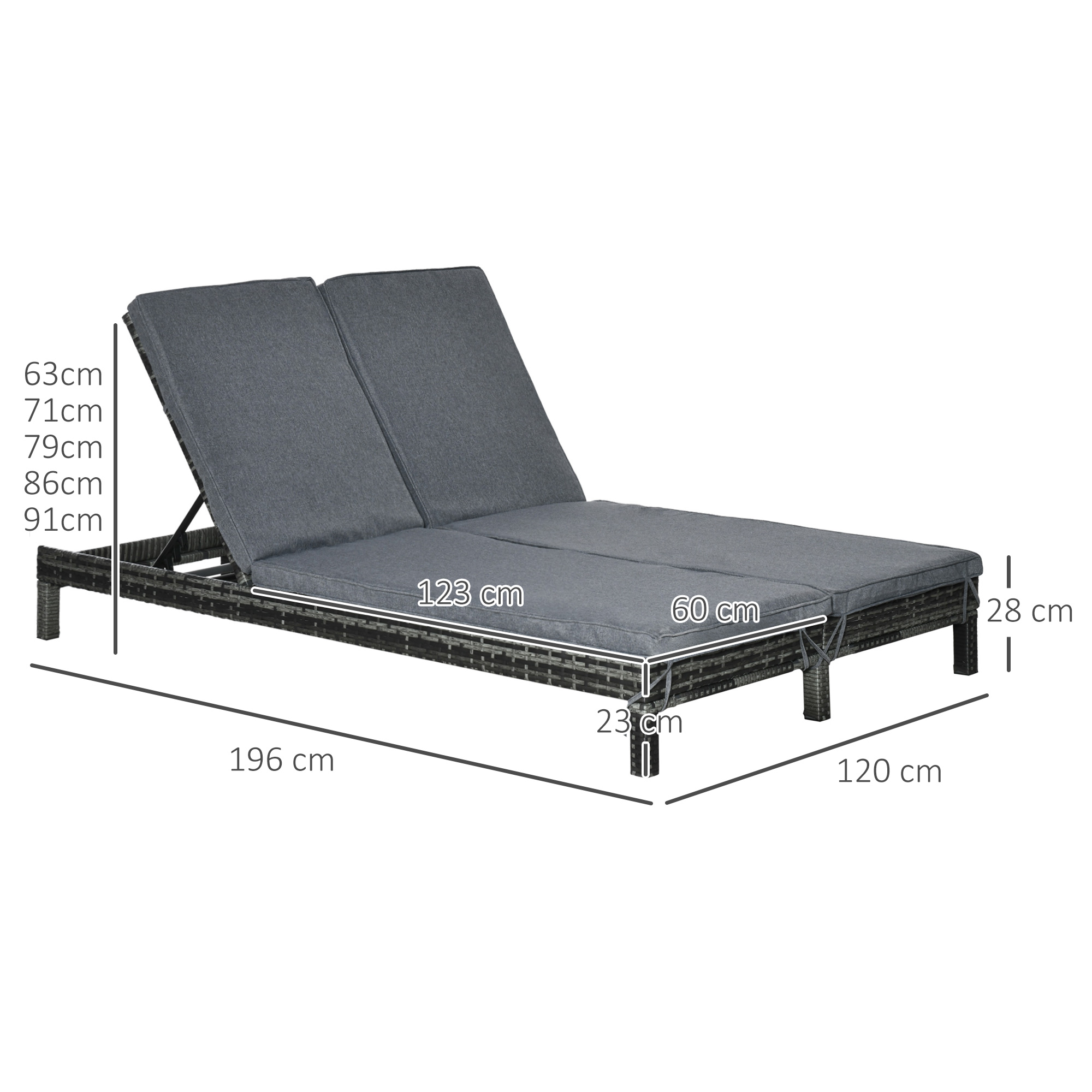Outsunny ligbank voor buiten dubbele ligstoel relax ligstoel voor 2 personen 5 standen metaal PE-rotan grijs