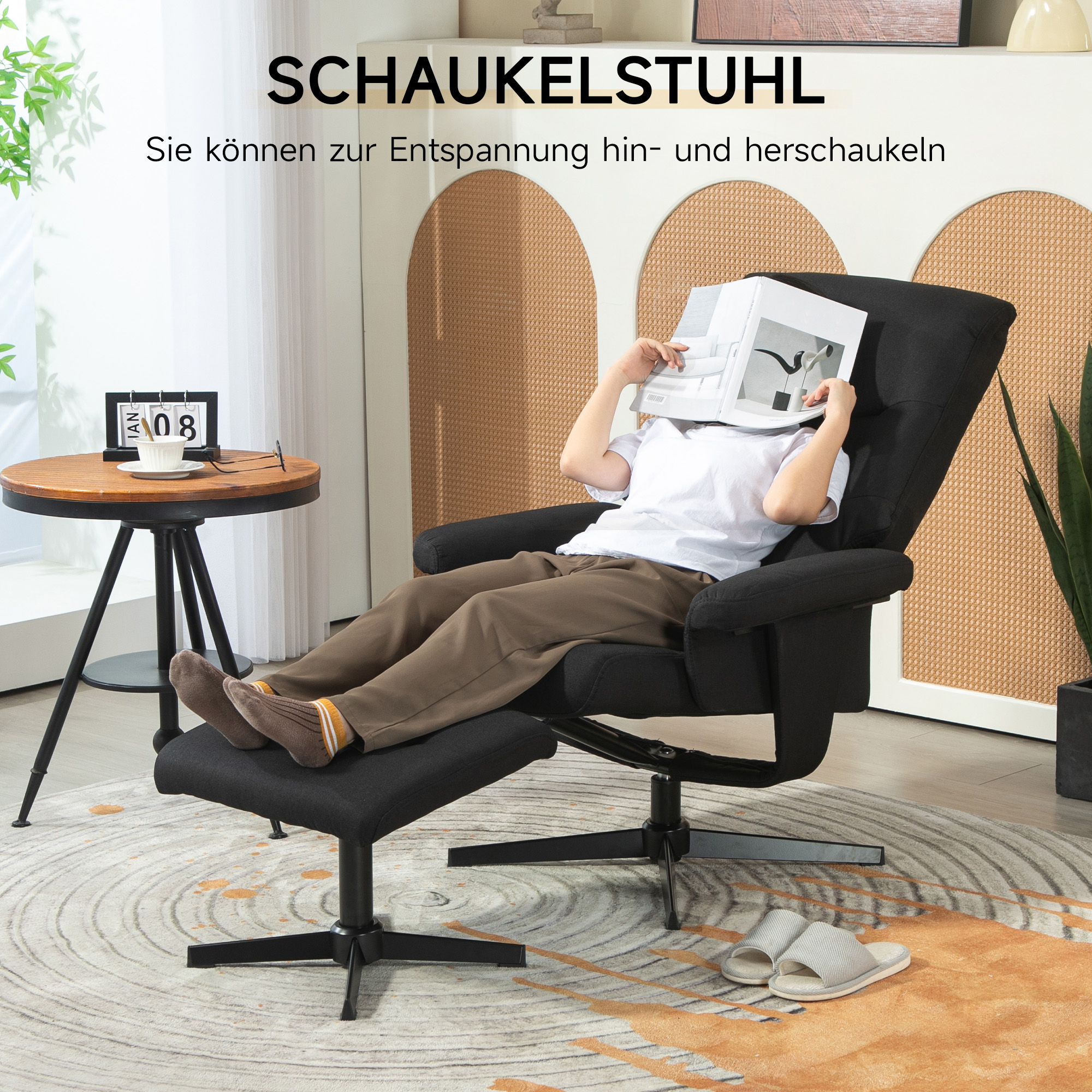HOMCOM Draaibare Ligstoel met Voetenbank, Kantelfunctie, in Fluweel Look, Tot 150 kg, Zwart