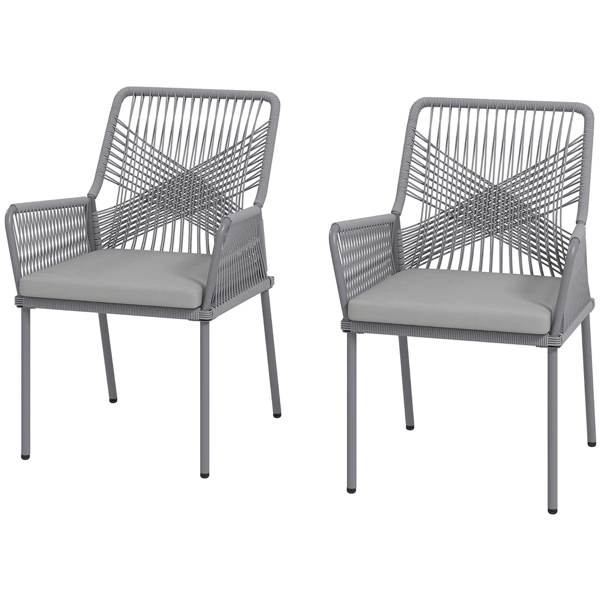 Outsunny Set van 2 Tuinstoelen, Terrasstoelen met Wasbare Kussens, Rug- en Armleuningen, Staal, Rattan, Donkergrijs