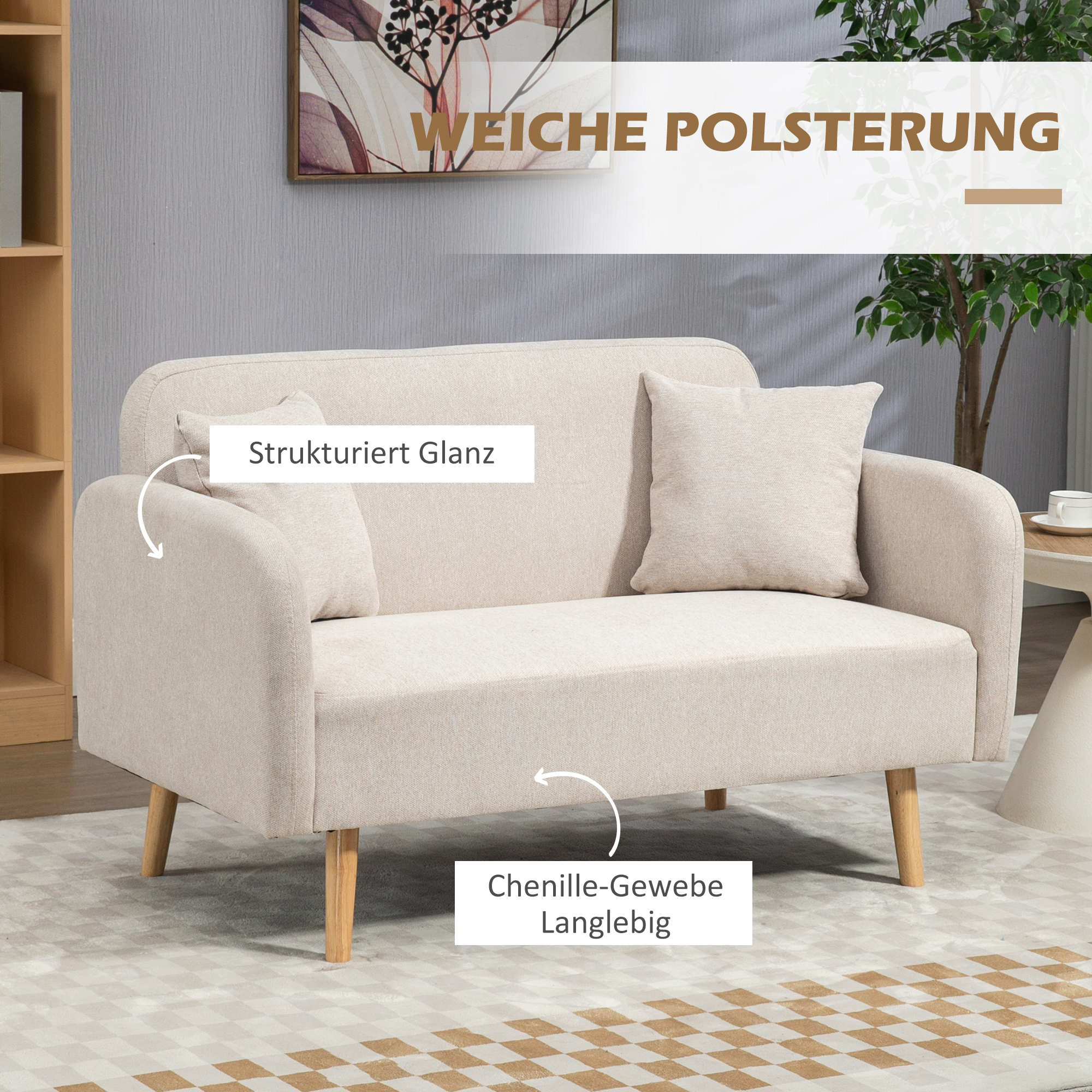 HOMCOM 2-zitsbank, Moderne Design Bank, inclusief 2 kussens, houten poten, 130 x 70 x 80 cm, Crème