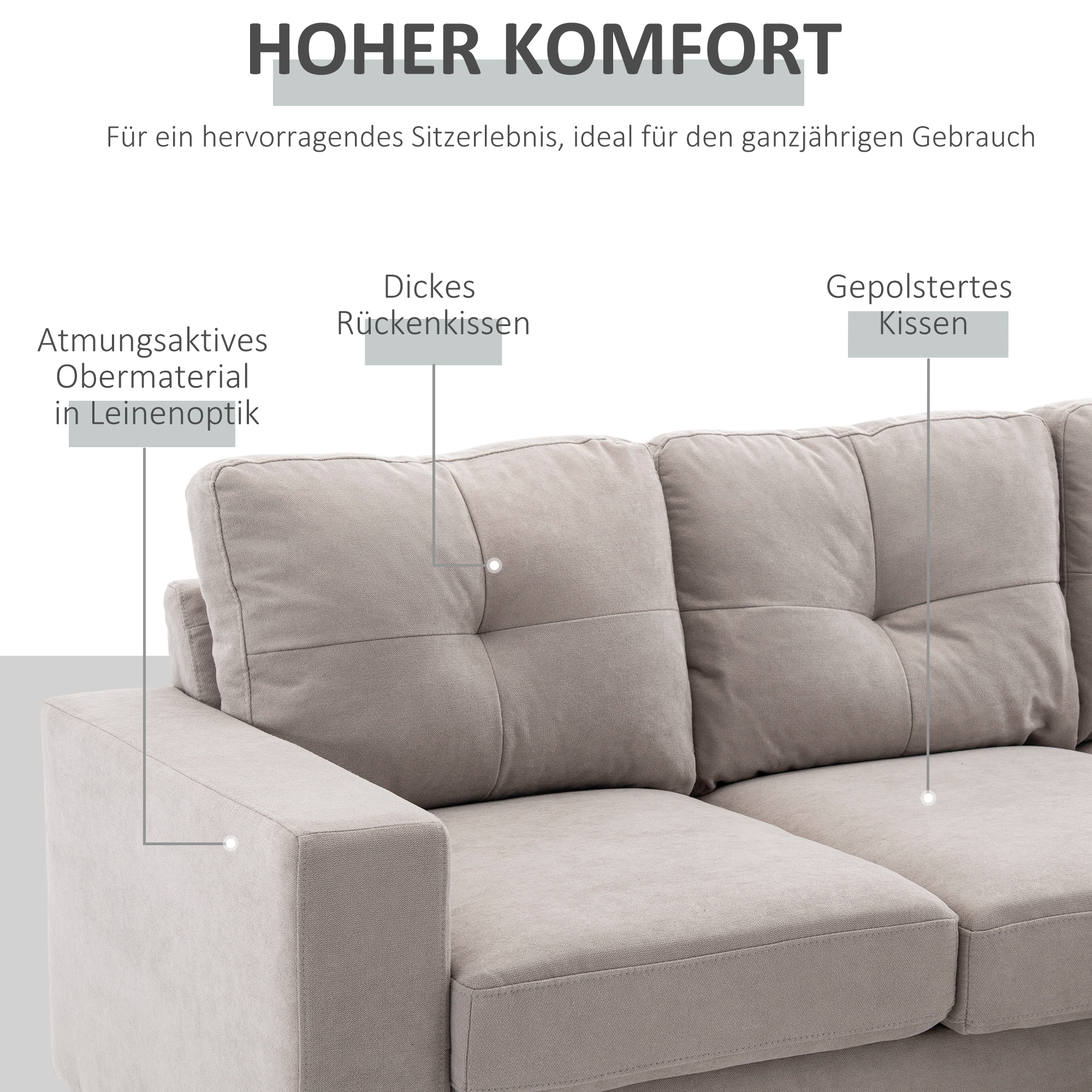 HOMCOM 3-zits hoekbank, linnenlook, omkeerbare chaise longue, 193x136x85 cm, lichtgrijs
