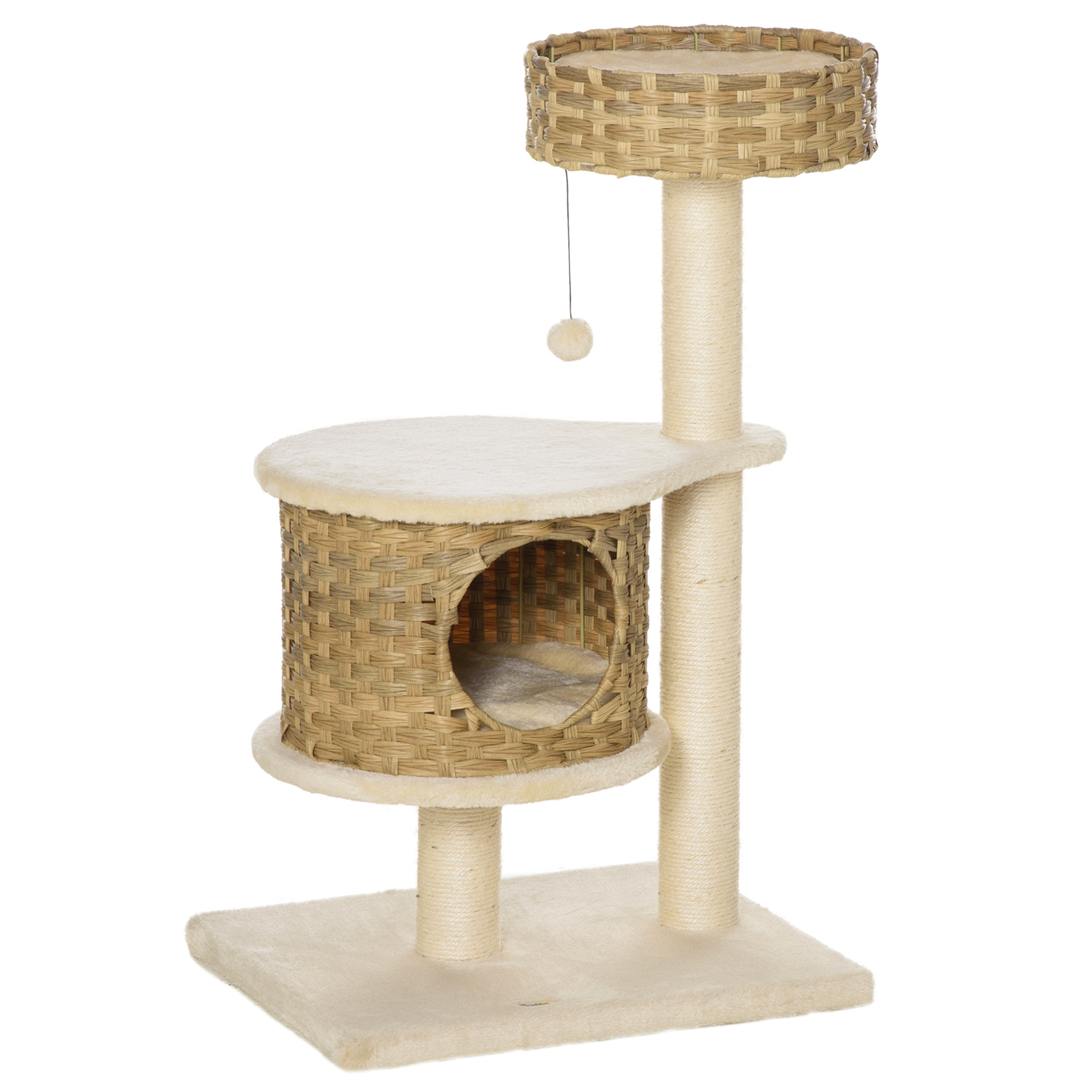 PawHut krabpaal kattenboom klimboom met sisalpalen stabiel met grotten speelballen speelsisal hoogte 95 cm spaanplaat sisal fluweelzacht polyester PE naturel + beige 55 x 47 x 95 cm