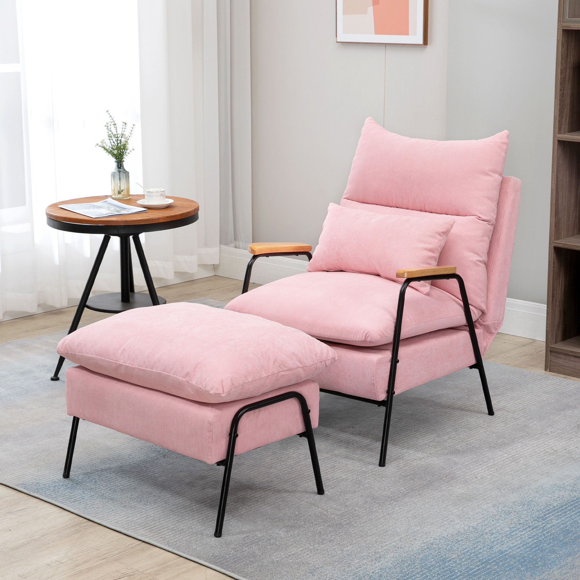 HOMCOM oorfauteuil met kruk, fauteuil met verstelbare rugleuning, roze