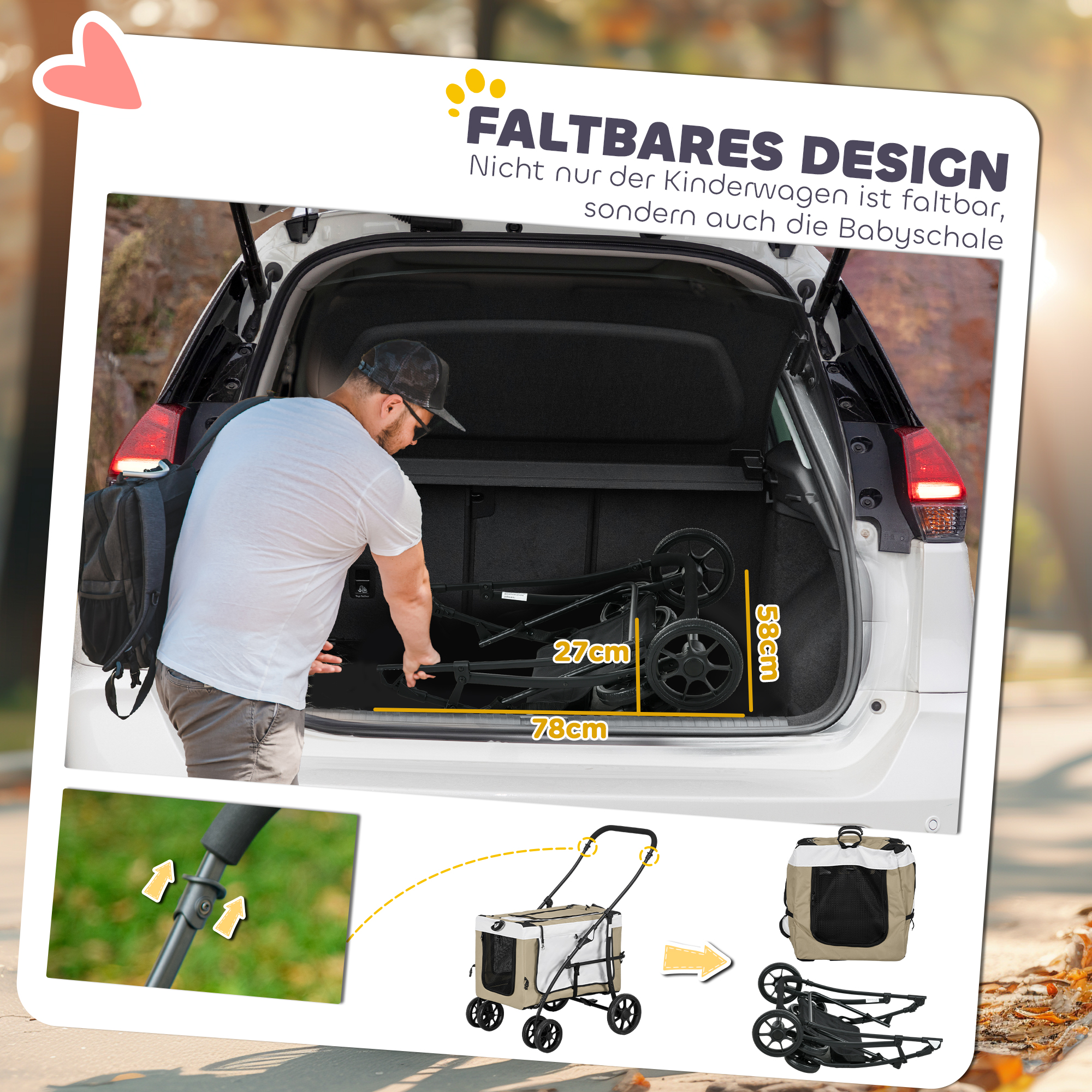PawHut Hondenbuggy Huisdierbuggy Opvouwbaar met Afneembaar Compartiment, 81 x 58 x 97,5 cm, Zwart+Khaki+Wit