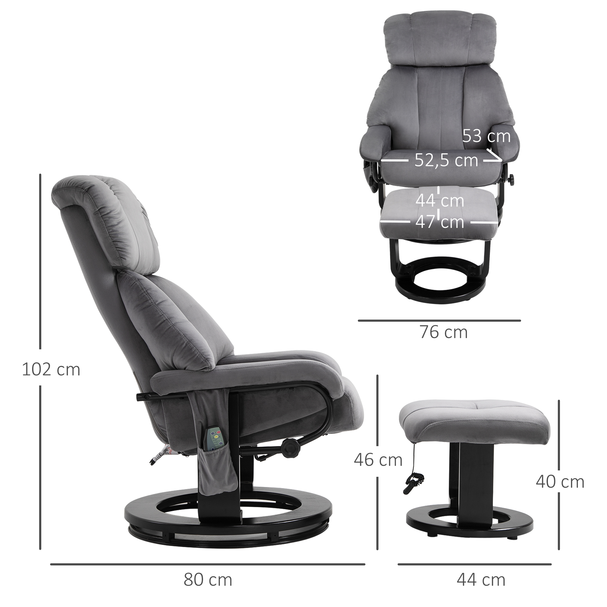 HOMCOM massagefauteuil TV fauteuil fauteuil met kruk massagefunctie fluweelachtig polyester grijs 76 x 80 x 102 cm