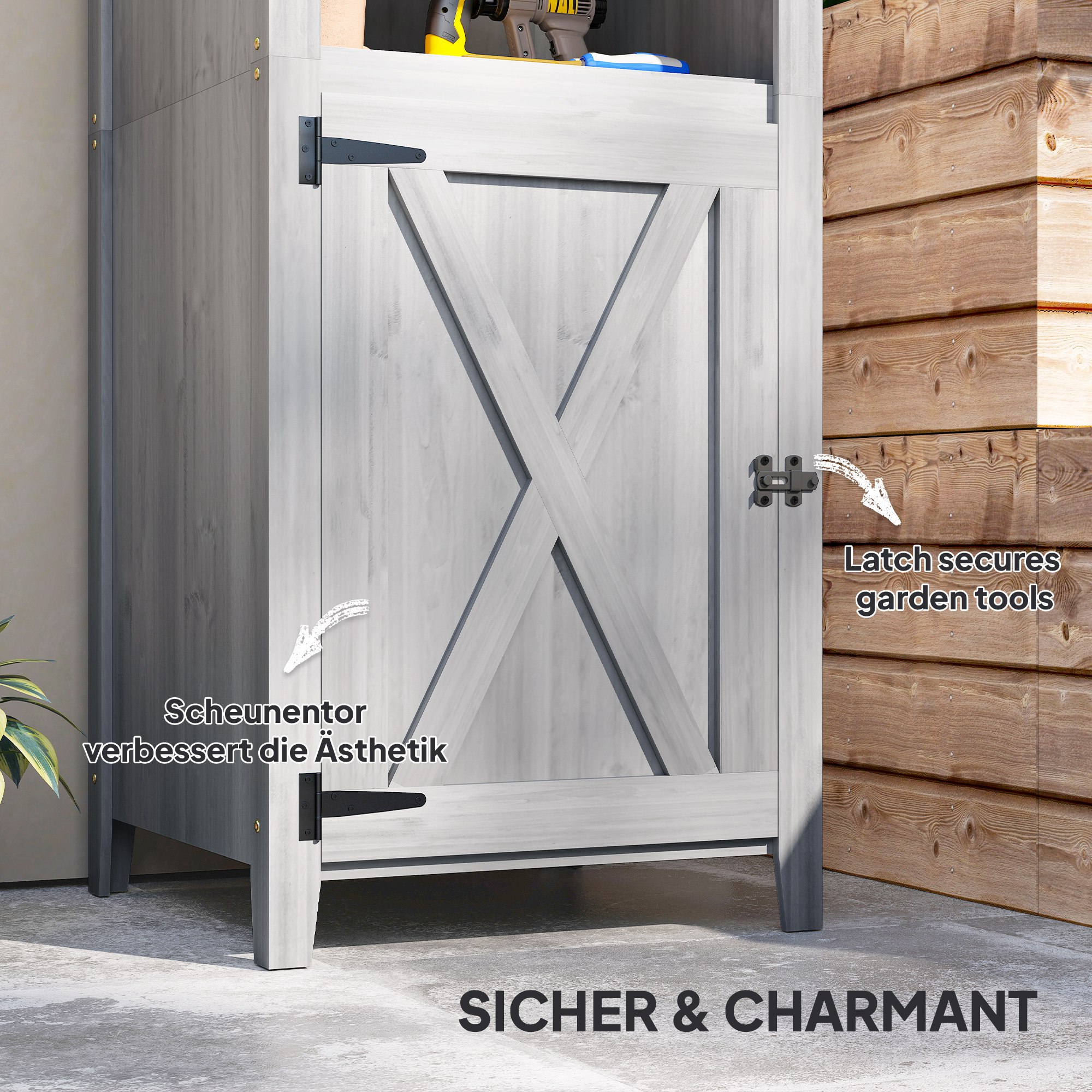 Outsunny Tuinschuur met Schuurdeur, Verstelbare Planken, Slank Ontwerp, Dennenhout, Lichtgrijs