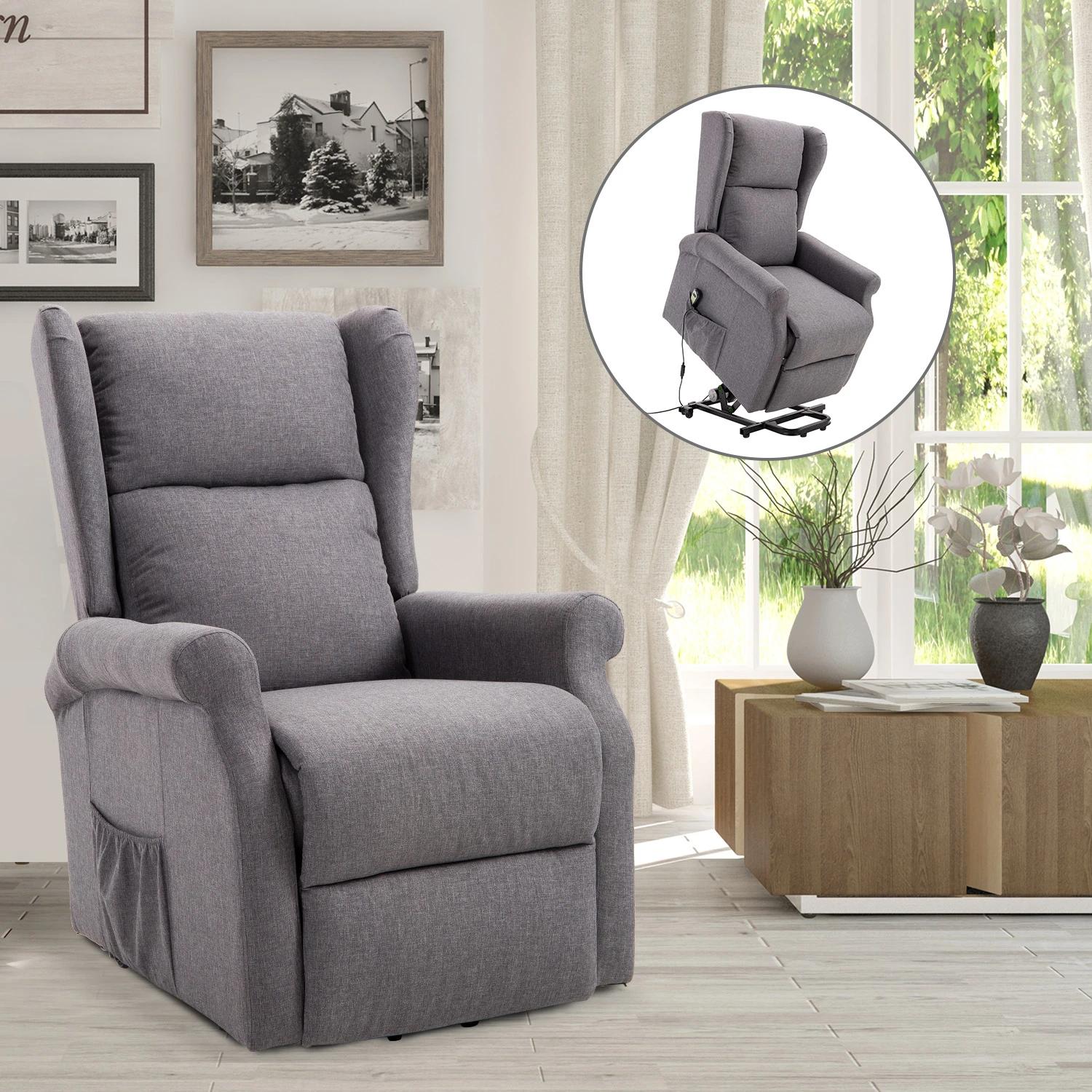 HOMCOM® relaxstoel tv-stoel met elektrische opstahulp linnen hout schuimstof grijs 72,5 x 94 x 109 cm | Aosom.nl