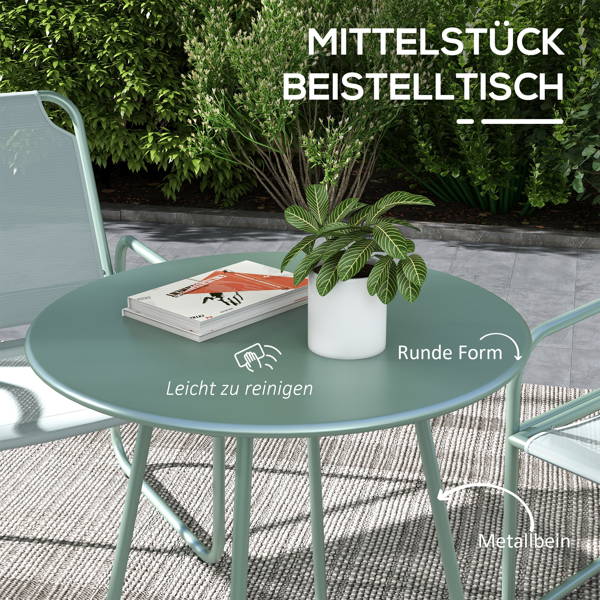 Outsunny 3-delige tuinmeubelset, 2 stoelen met ademende stoffen bekleding, 1 ronde tafel Ø60 cm, Groen