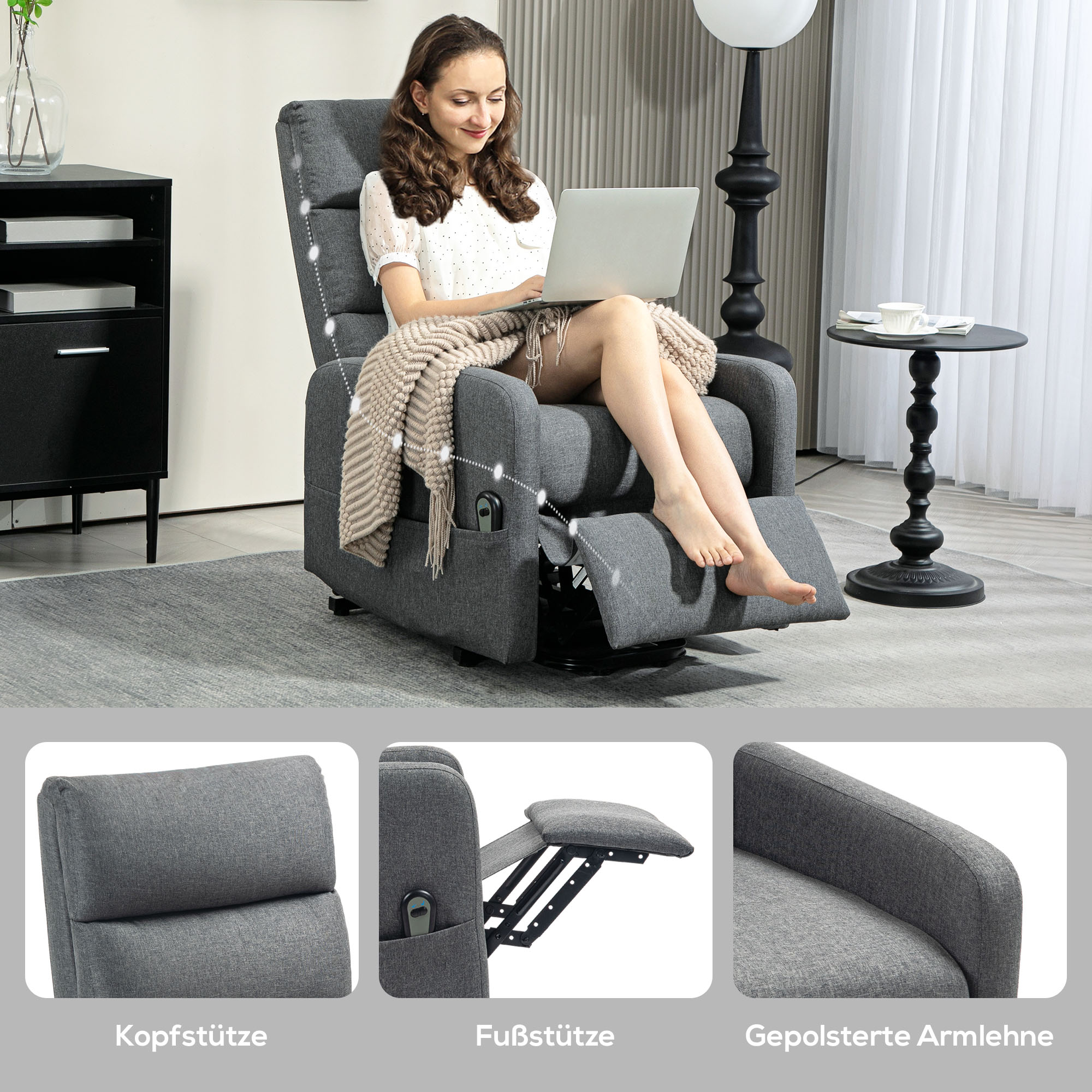 HOMCOM Elektrische Relaxstoel met Opstaanhulp, Afstandsbediening, Zacht Schuim, Zijvak, Bekleding in Linnenlook, Grijs